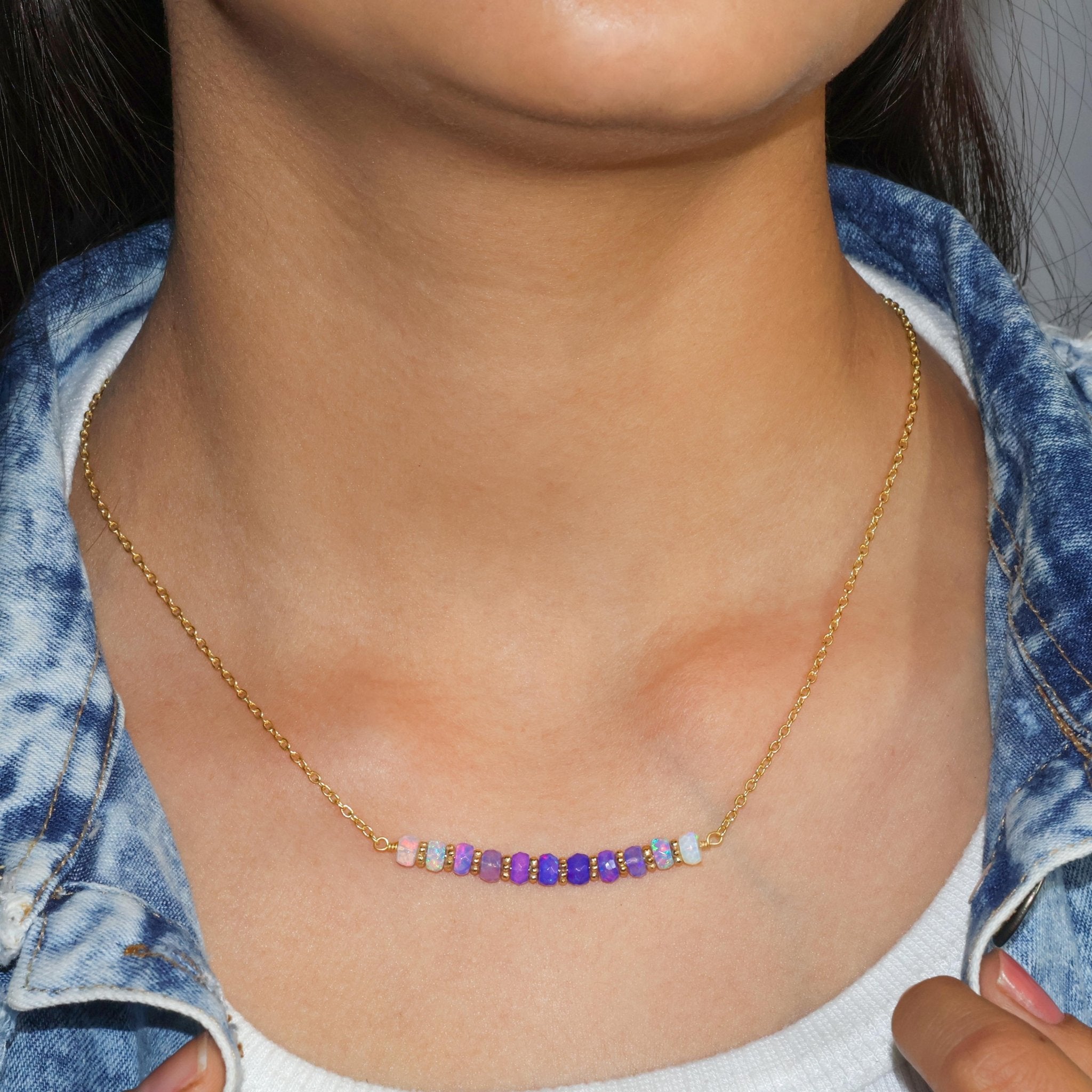 Natural Lavender Opal Beaded Bar Chain Necklace for Women - Goodstone Jewels