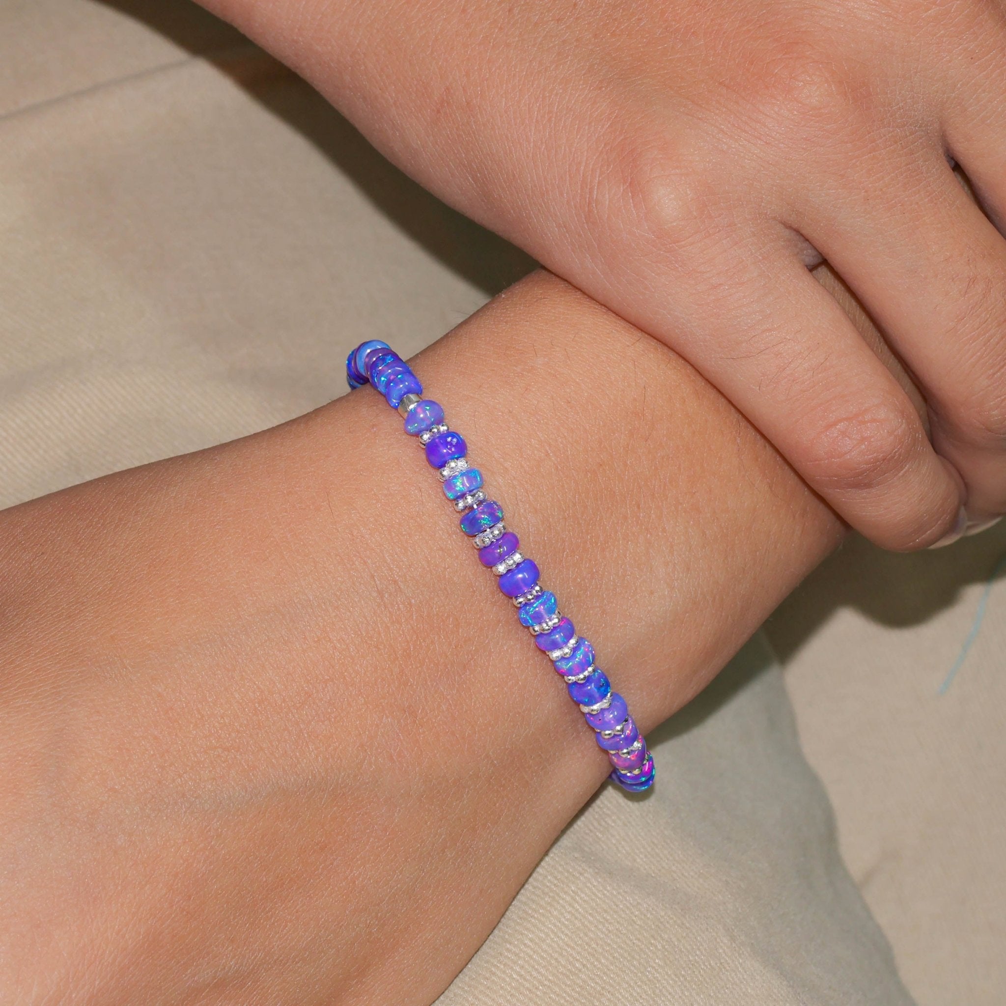 Natural Lavender Opal Beaded Bracelet With Circular Silver Chakri Beads - Goodstone Jewels