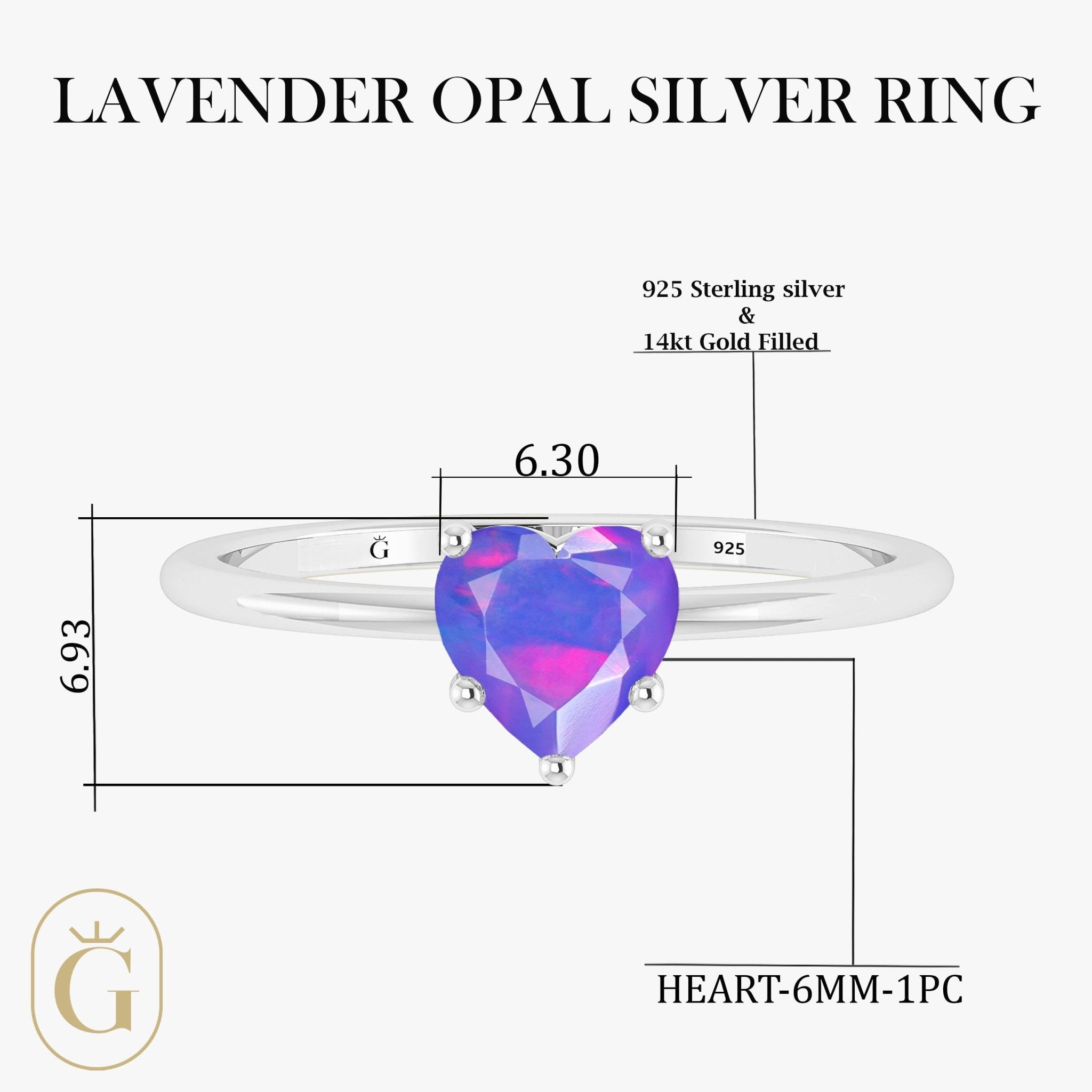 Natural Lavender Opal Gemstone Heart Ring in Yellow Gold Filled & 925 Silver - Goodstone Jewels