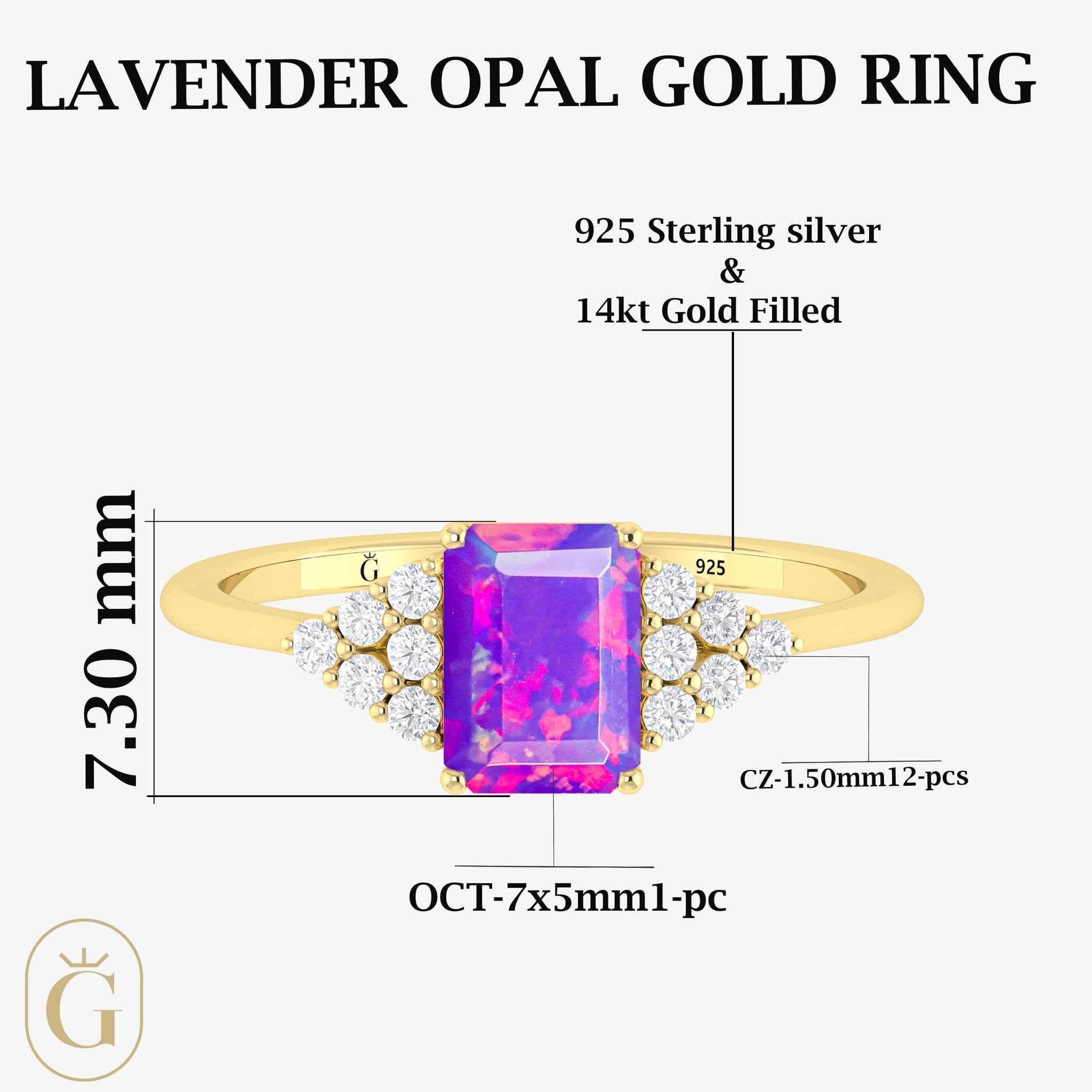 Natural Lavender Opal Octagon Stone Solitaire Ring in Yellow Gold Filled & Sterling Silver - Goodstone Jewels