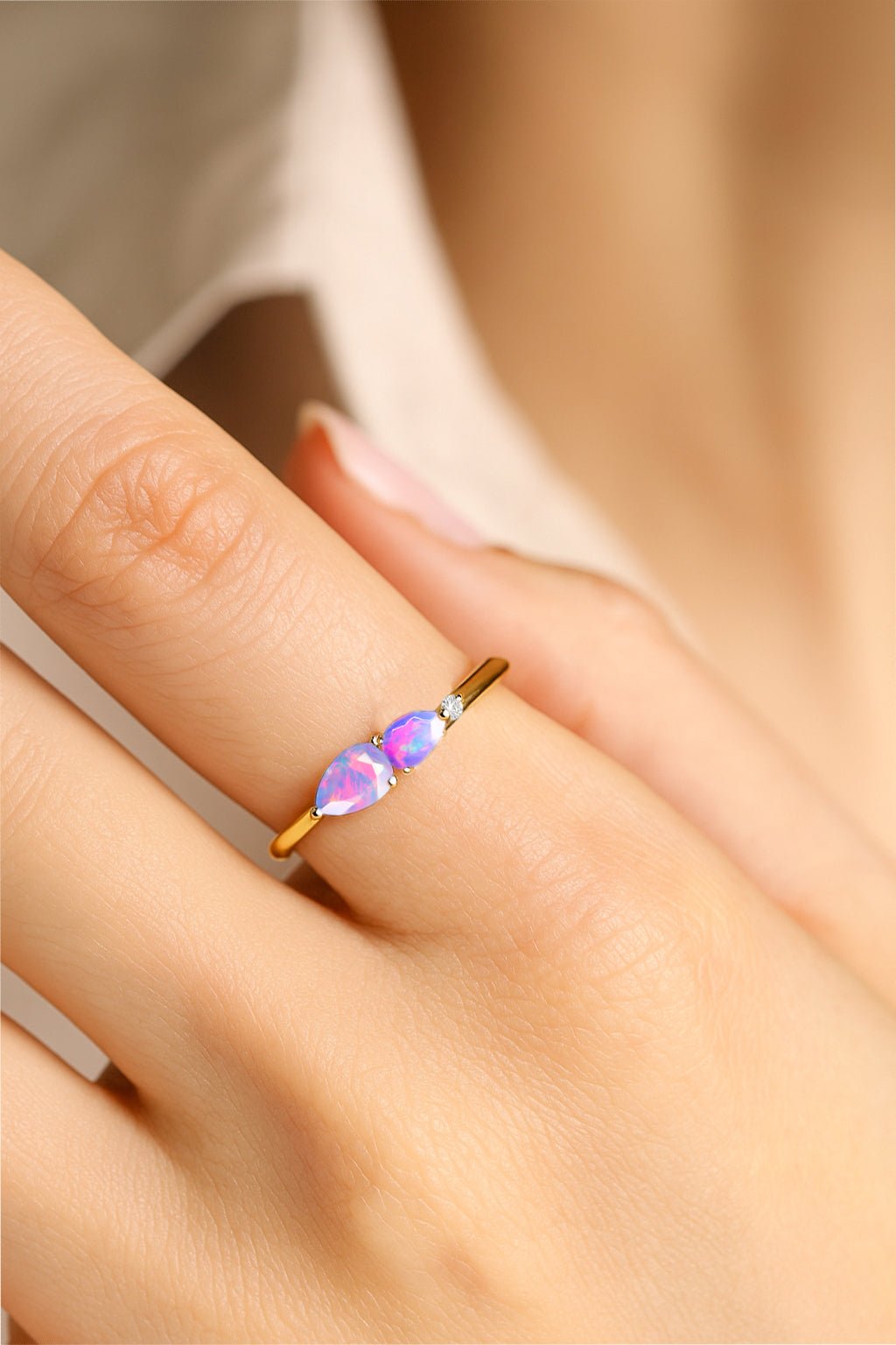 Natural Lavender Opal Pear Shape Two Stone Ring in Yellow Gold Filled & Silver - Goodstone Jewels