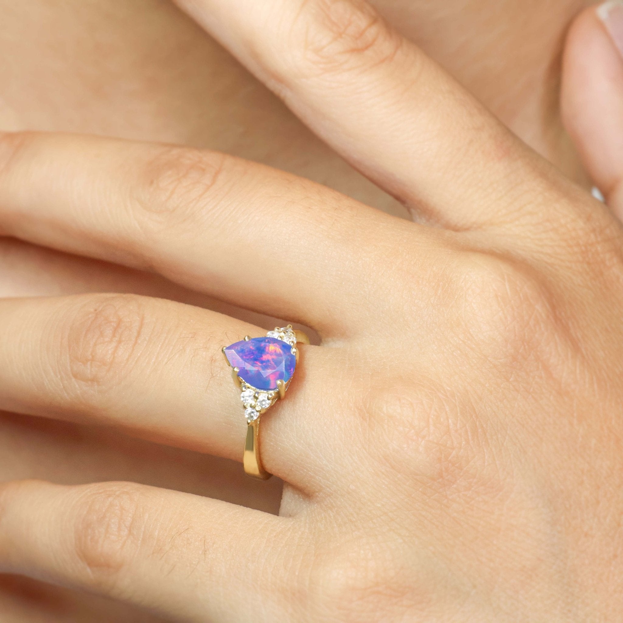 Natural Lavender Opal Pear Shape & White Zircon Solitaire with Accents Ring - Goodstone Jewels