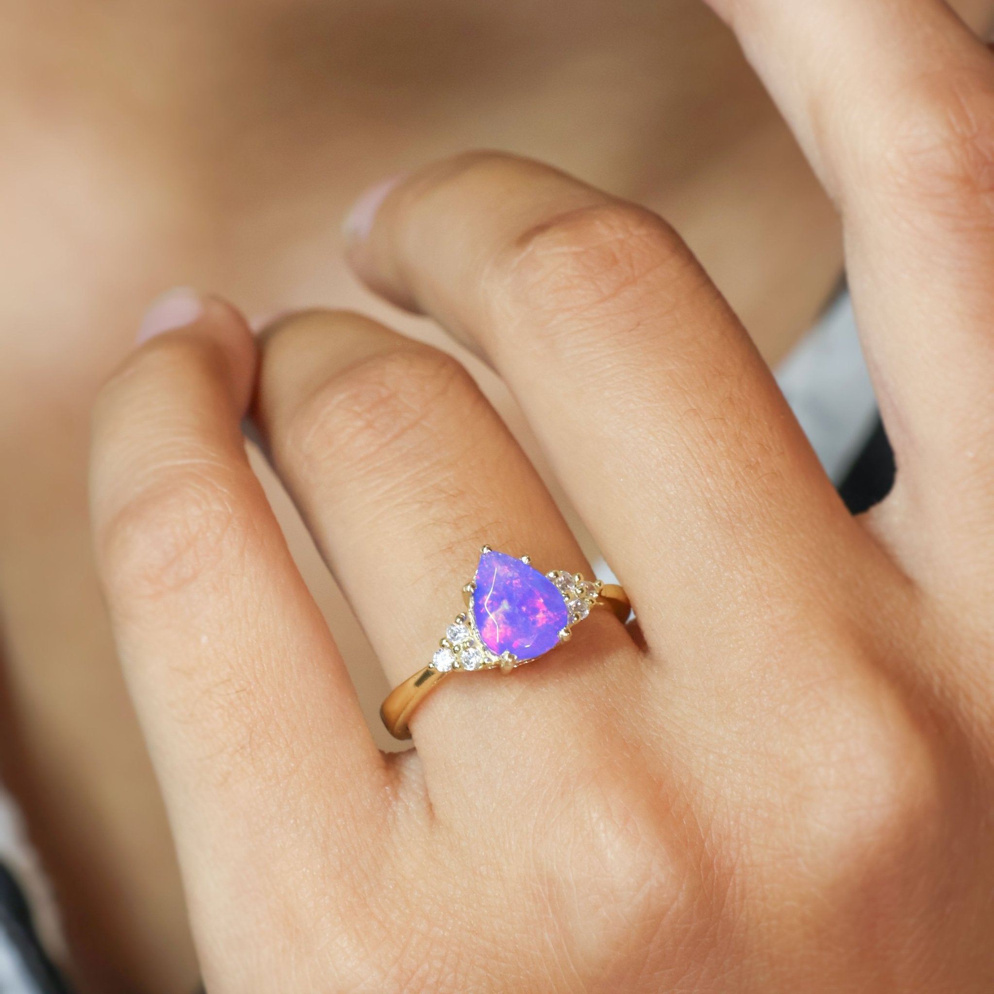 Natural Lavender Opal Pear Shape & White Zircon Solitaire with Accents Ring - Goodstone Jewels