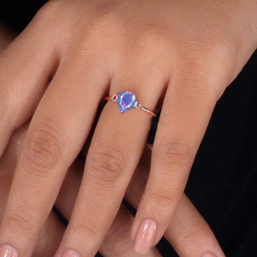 Natural Lavender Opal Pear Shape with Zircon Three Stone Statement Ring - Goodstone Jewels
