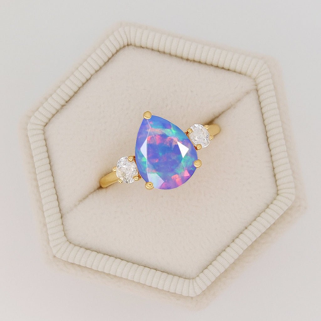 Natural Lavender Opal Pear Shape with Zircon Three Stone Statement Ring - Goodstone Jewels