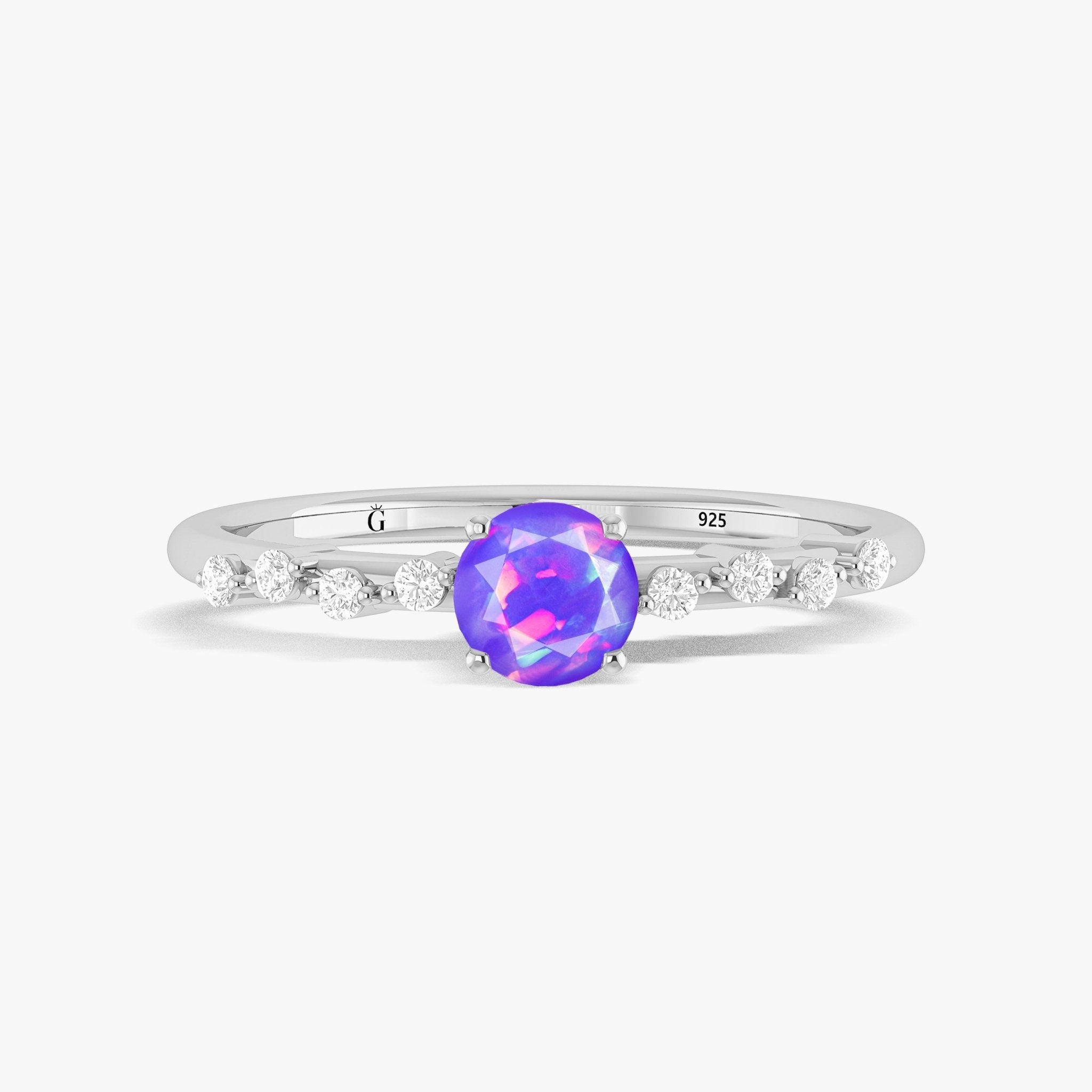 Natural Lavender Opal ROUND STONE MINIMALIST SOLITAIRE WITH ACCENTS RING - Goodstone Jewels