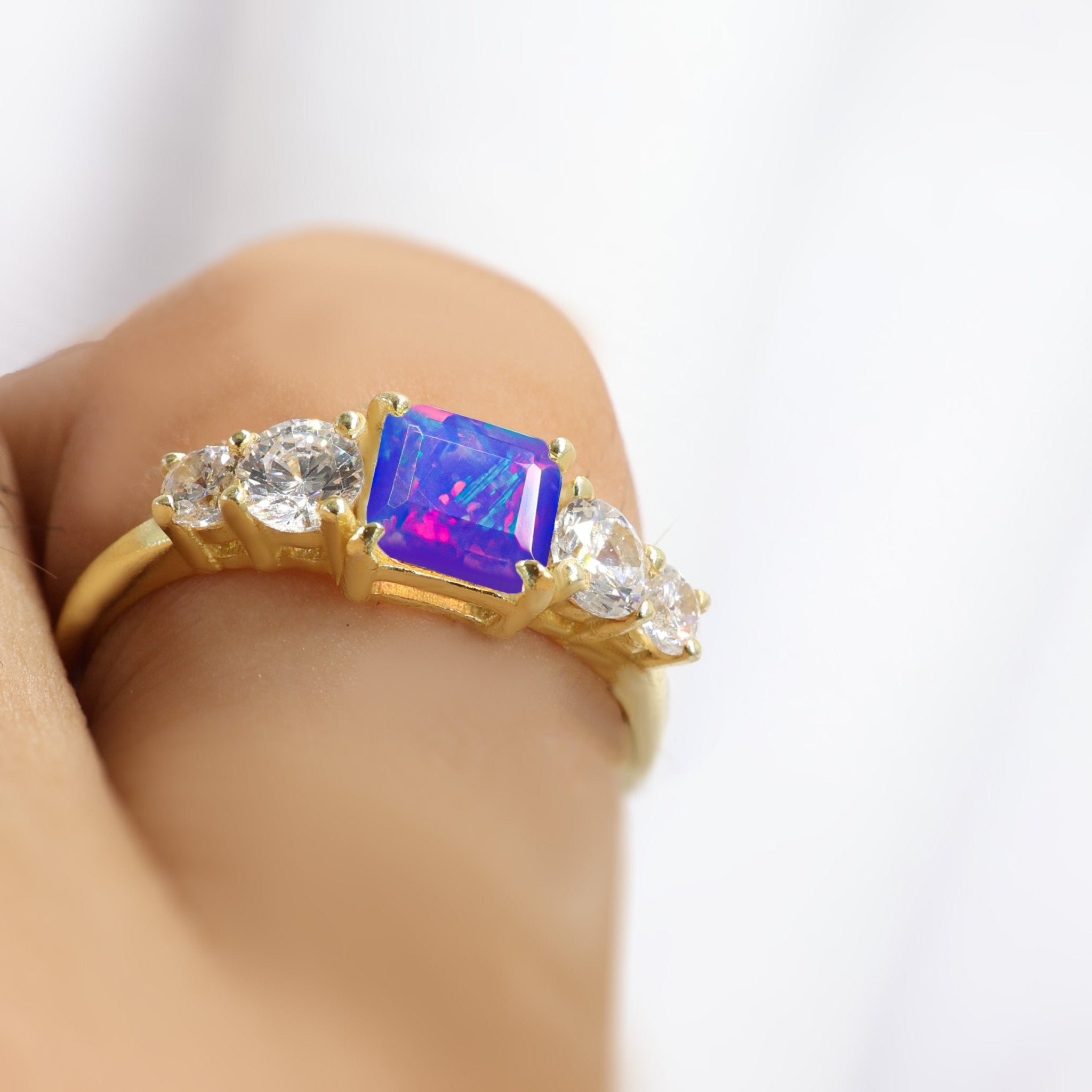 Natural Lavender Opal Square Stone with Side Zircon Statement Ring - Goodstone Jewels