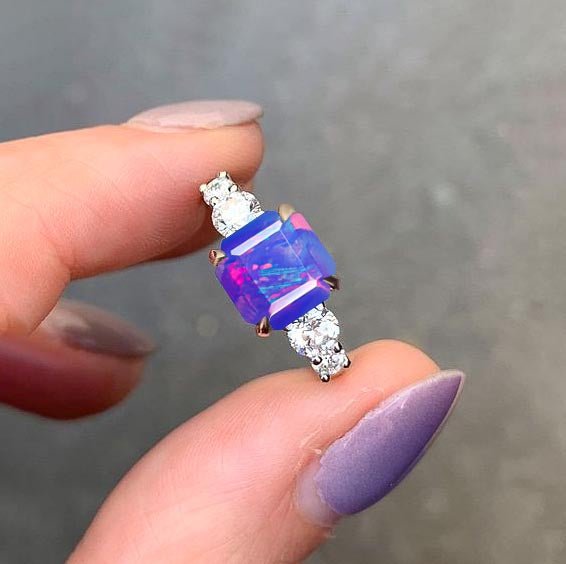 Natural Lavender Opal Square Stone with Side Zircon Statement Ring - Goodstone Jewels