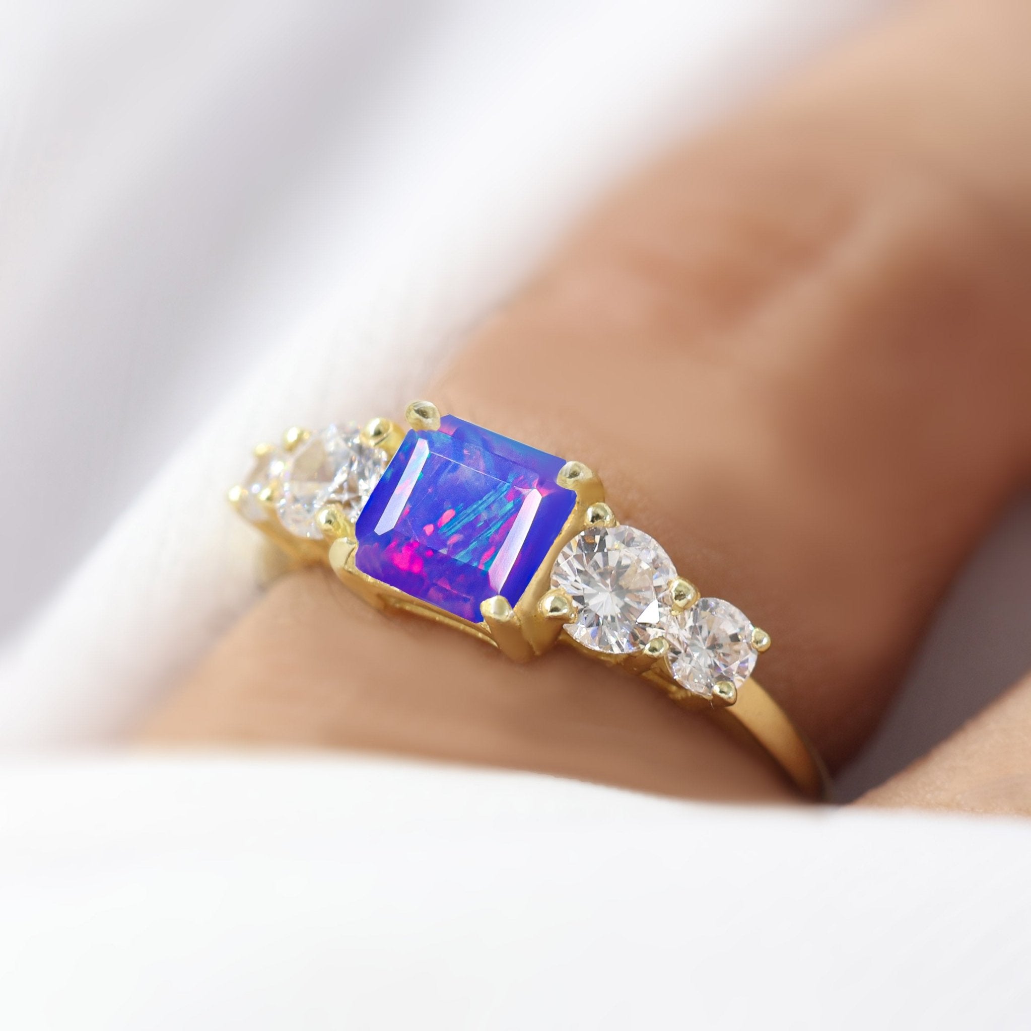 Natural Lavender Opal Square Stone with Side Zircon Statement Ring - Goodstone Jewels