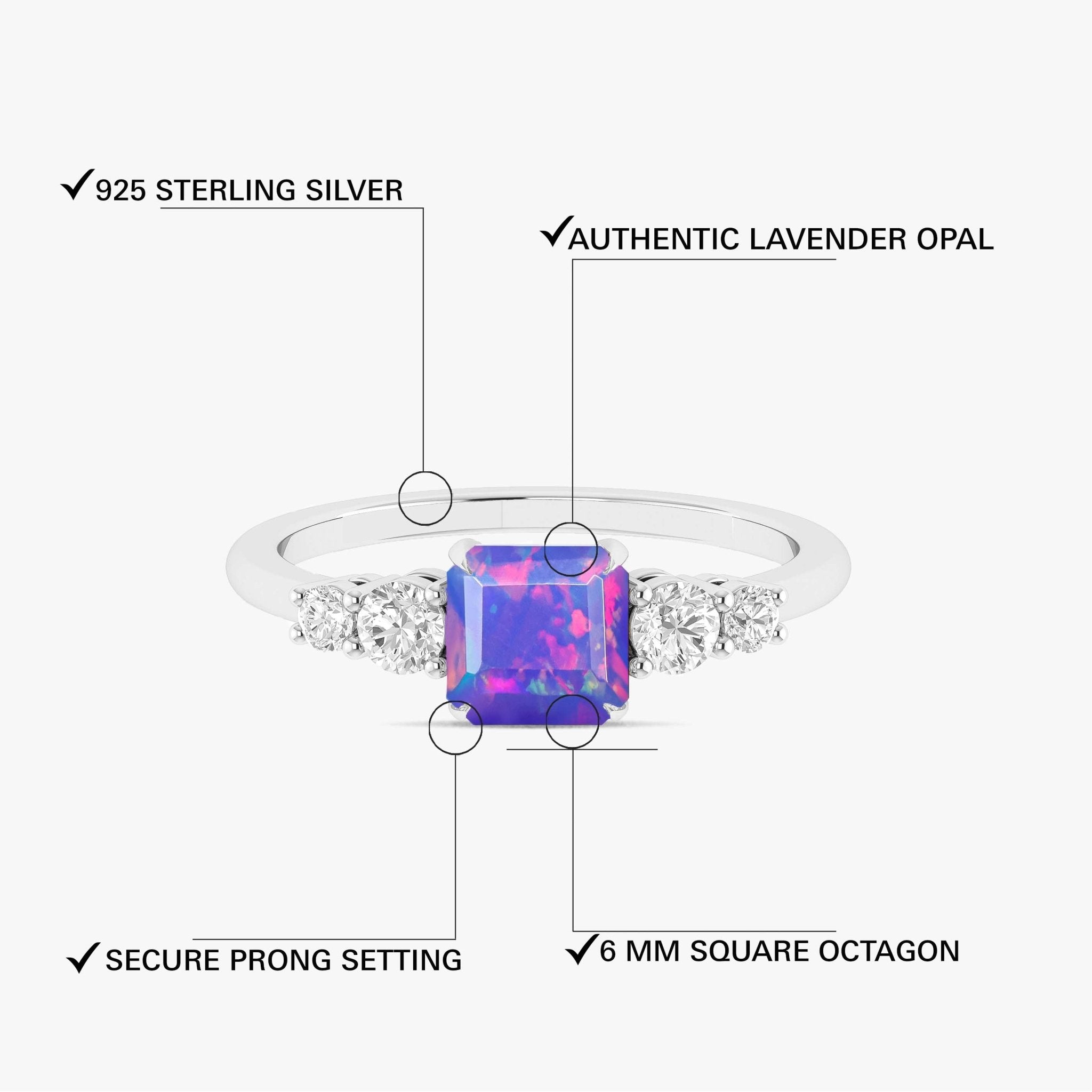 Natural Lavender Opal Square Stone with Side Zircon Statement Ring - Goodstone Jewels
