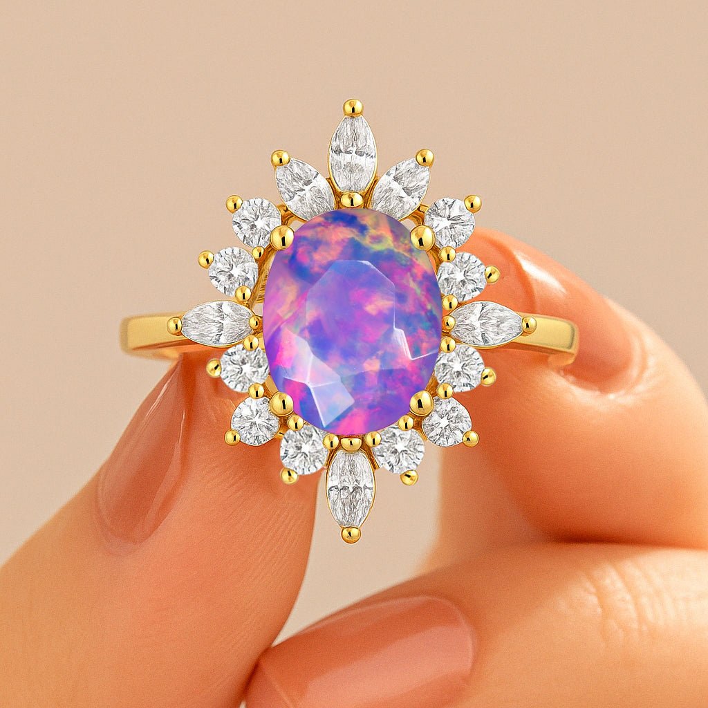 Natural Lavender Opal with White Zircon Halo Ring in Silver & Yellow Gold Filled - Goodstone Jewels