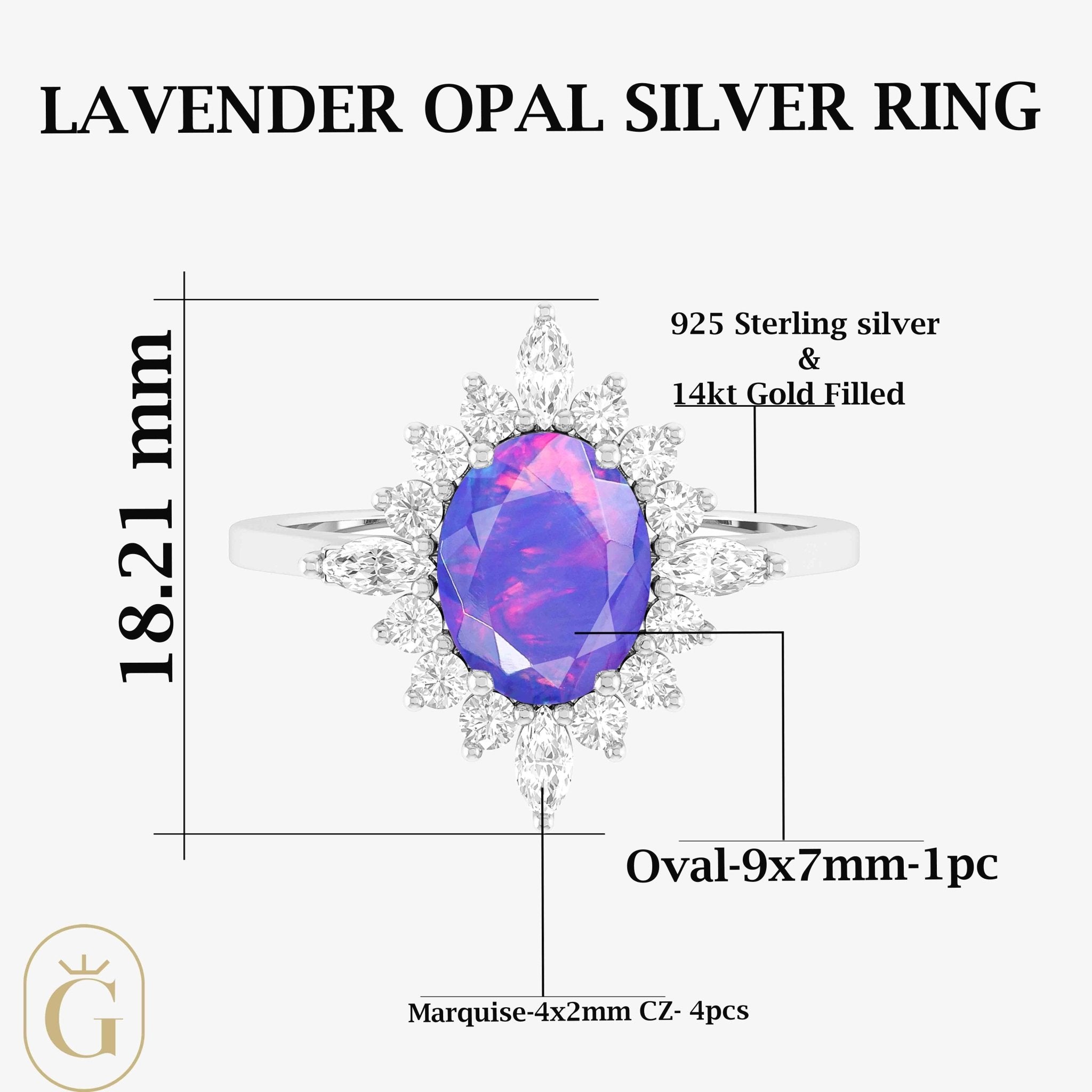 Natural Lavender Opal with White Zircon Halo Ring in Silver & Yellow Gold Filled - Goodstone Jewels