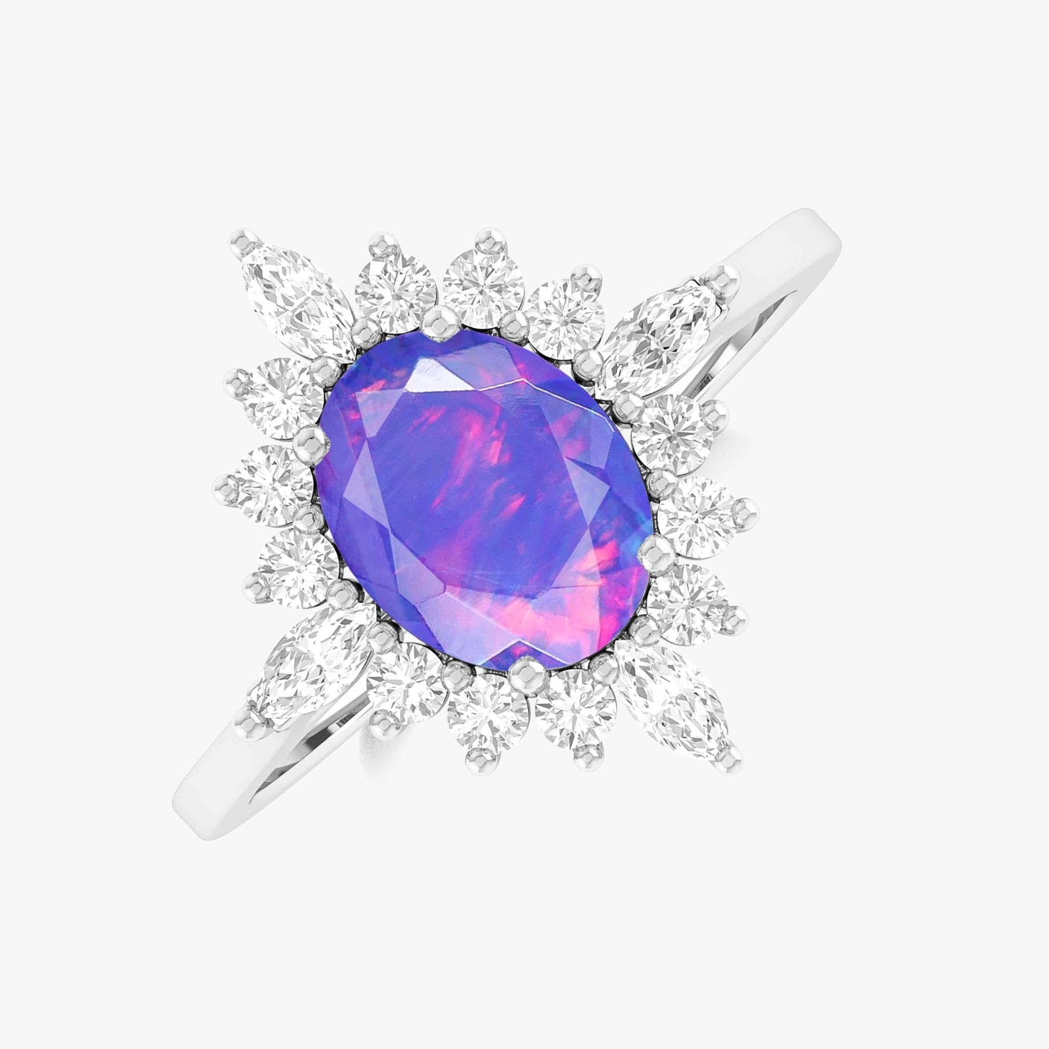 Natural Lavender Opal with White Zircon Halo Ring in Silver & Yellow Gold Filled - Goodstone Jewels