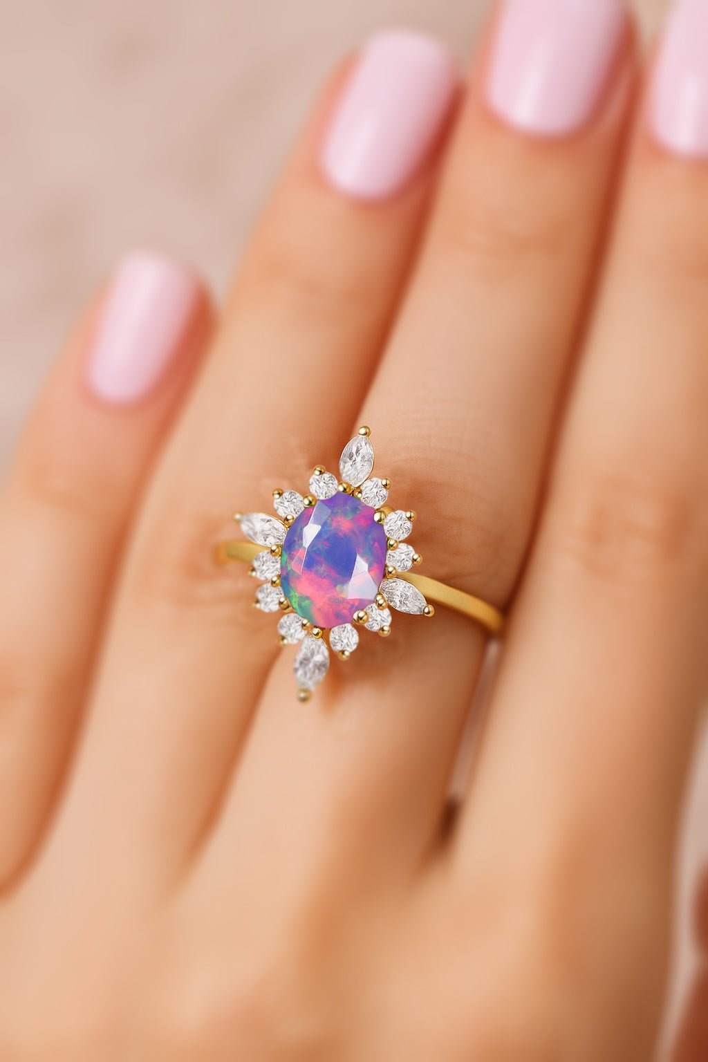 Natural Lavender Opal with White Zircon Halo Ring in Silver & Yellow Gold Filled - Goodstone Jewels