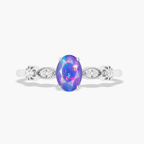 Natural Lavender Opal with White Zircon Side Stone Solitaire Ring