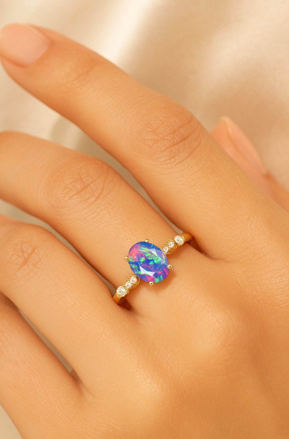 Natural Lavender Opal with White Zircon Side Stone Solitaire Ring - Goodstone Jewels