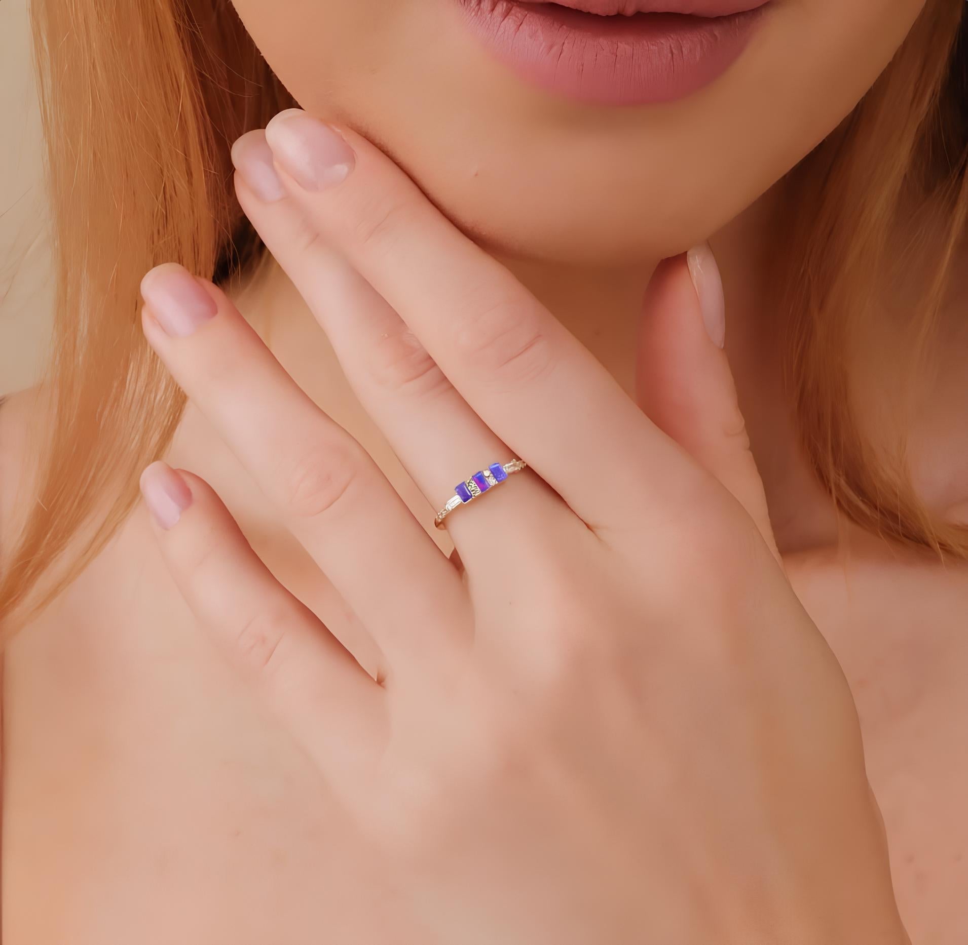 Natural Lavender Opal with White Zircon Three Stone Statement Ring - Goodstone Jewels