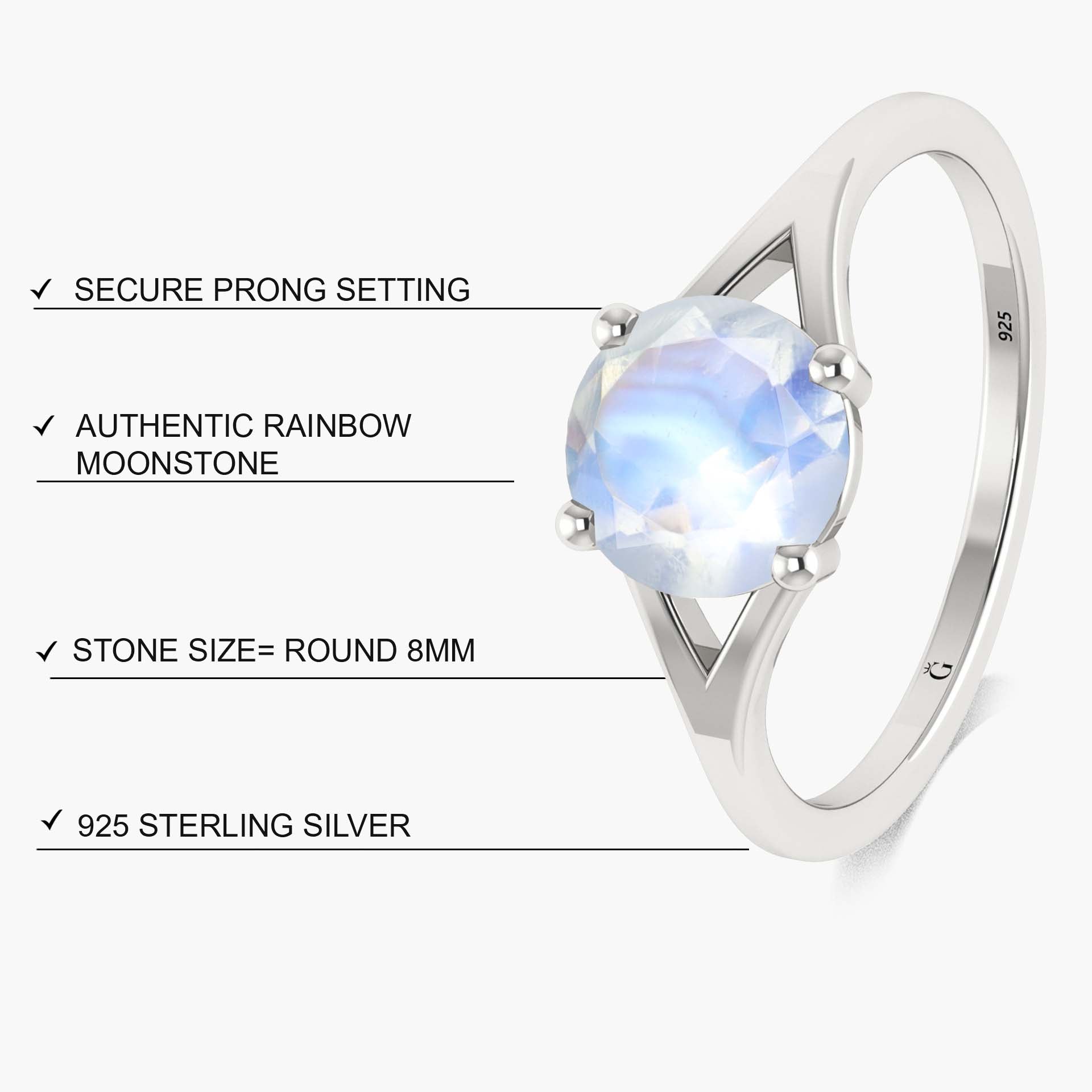 Natural Moonstone 2 Carat Round Shape Solitaire Wedding Ring - Goodstone Jewels