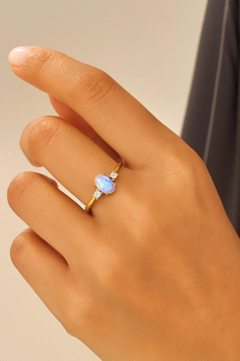 Natural Moonstone and White Zircon Engagement Three Stone Ring - Goodstone Jewels