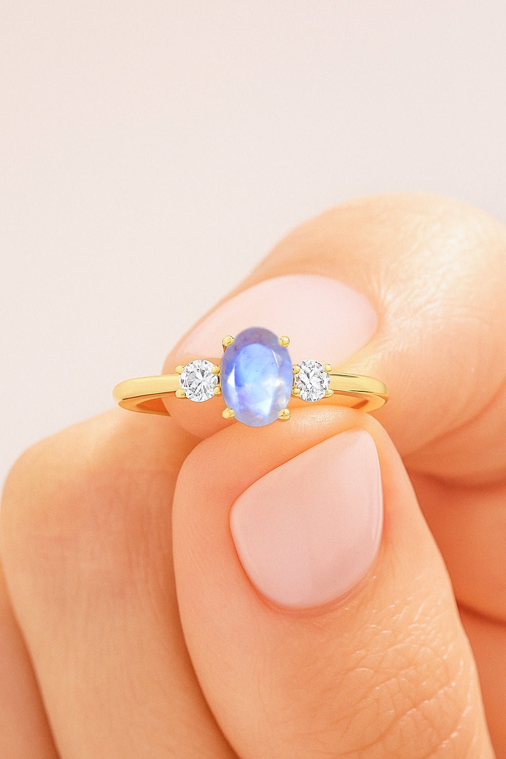 Natural Moonstone and White Zircon Engagement Three Stone Ring - Goodstone Jewels