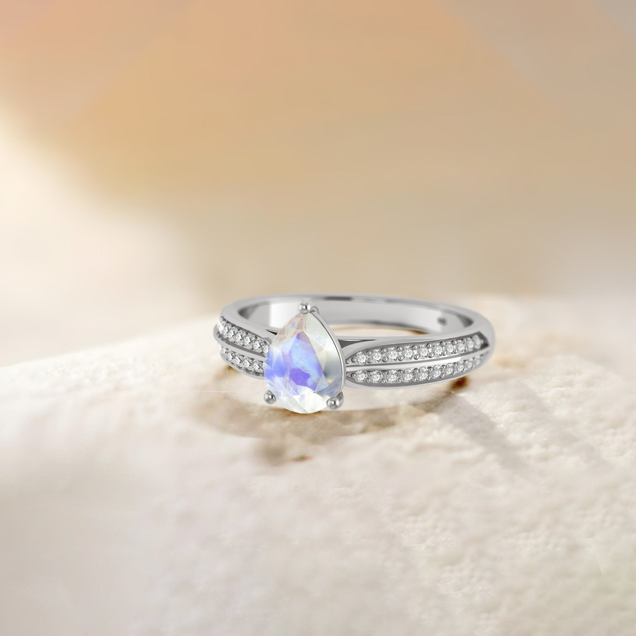 Natural Moonstone and White Zircon Solitaire with Accents Ring - Goodstone Jewels