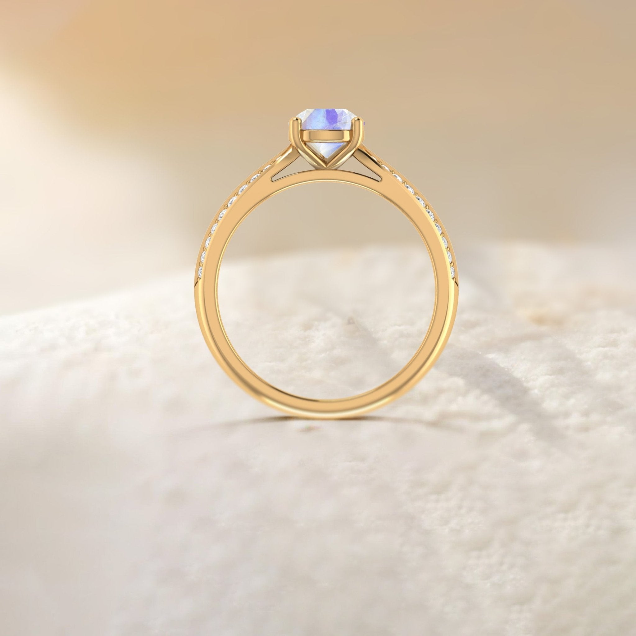 Natural Moonstone and White Zircon Solitaire with Accents Ring - Goodstone Jewels