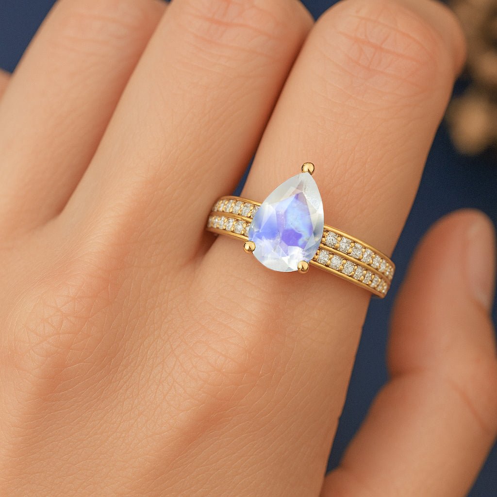 Natural Moonstone and White Zircon Solitaire with Accents Ring - Goodstone Jewels