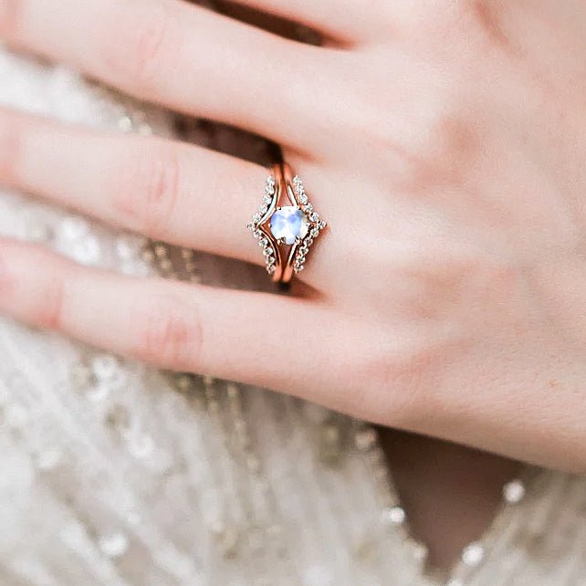 Natural Moonstone and White Zircon Sparkling Wishbone Ring - Goodstone Jewels