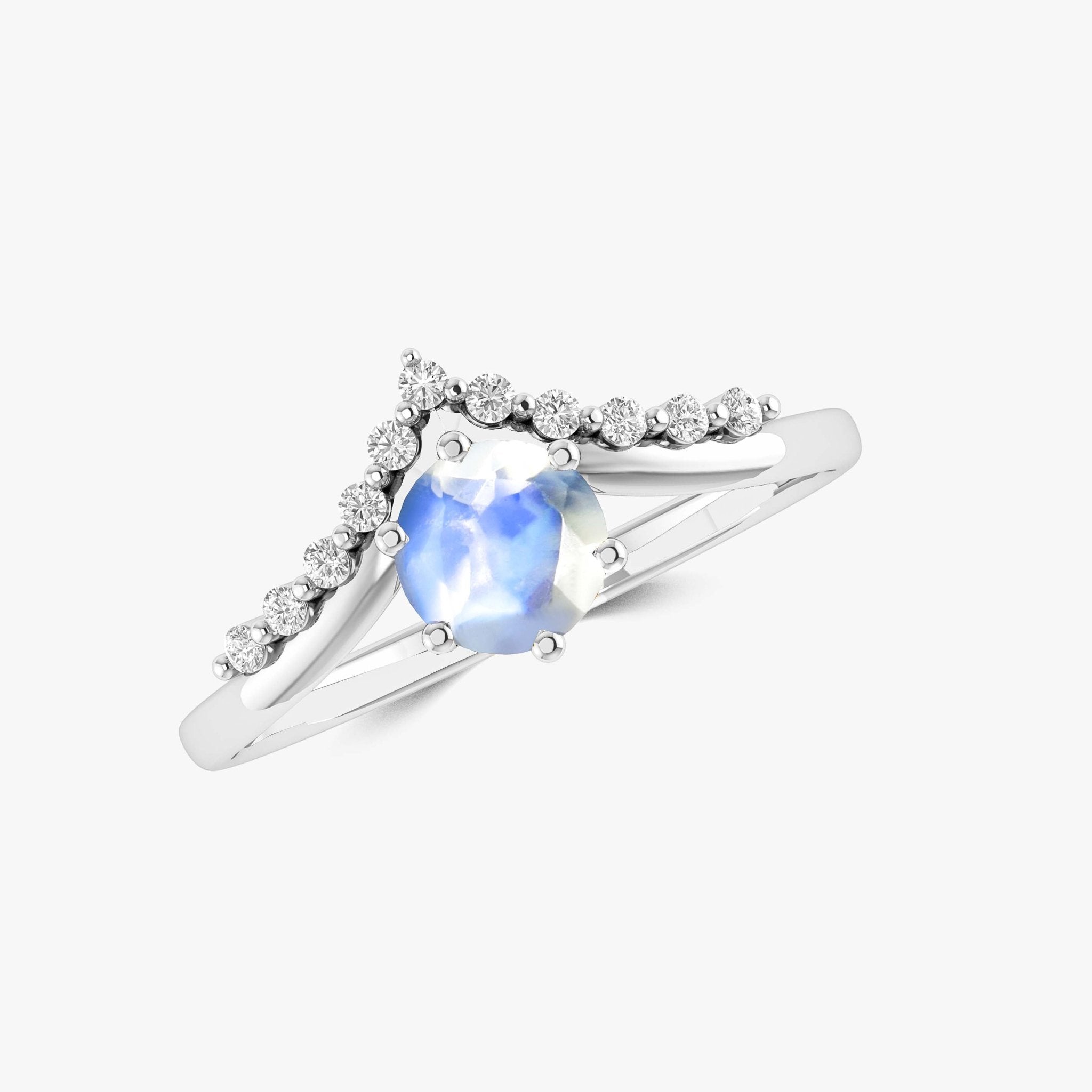 Natural Moonstone and White Zircon Sparkling Wishbone Ring - Goodstone Jewels