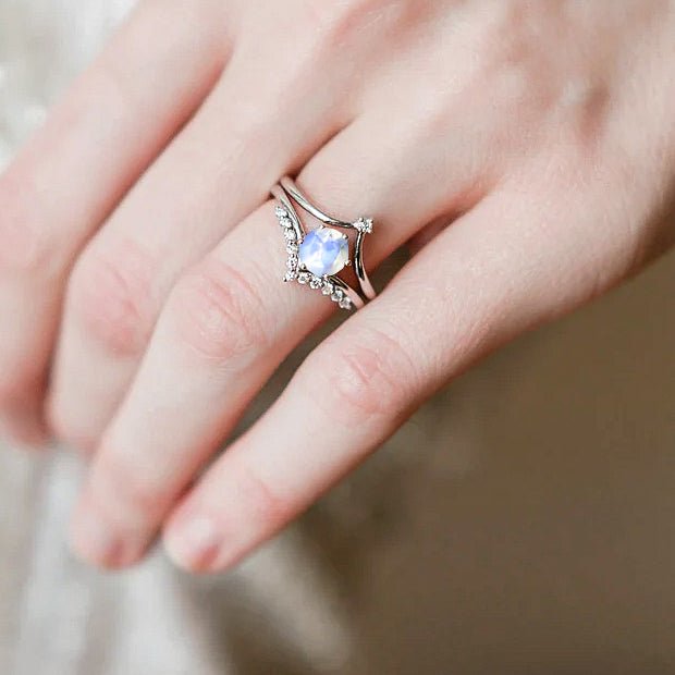 Natural Moonstone and White Zircon Sparkling Wishbone Ring - Goodstone Jewels