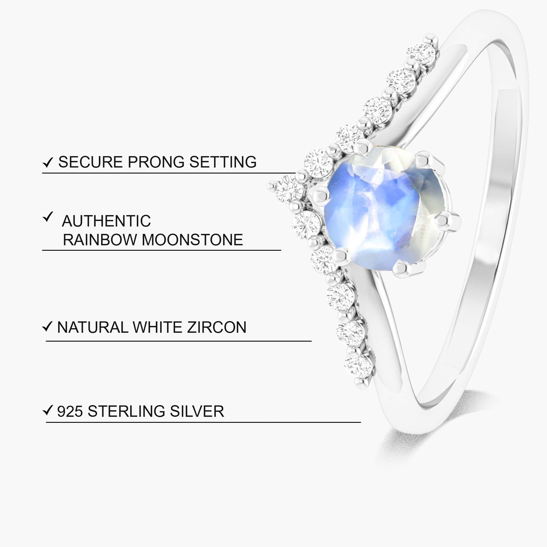 Natural Moonstone and White Zircon Sparkling Wishbone Ring - Goodstone Jewels