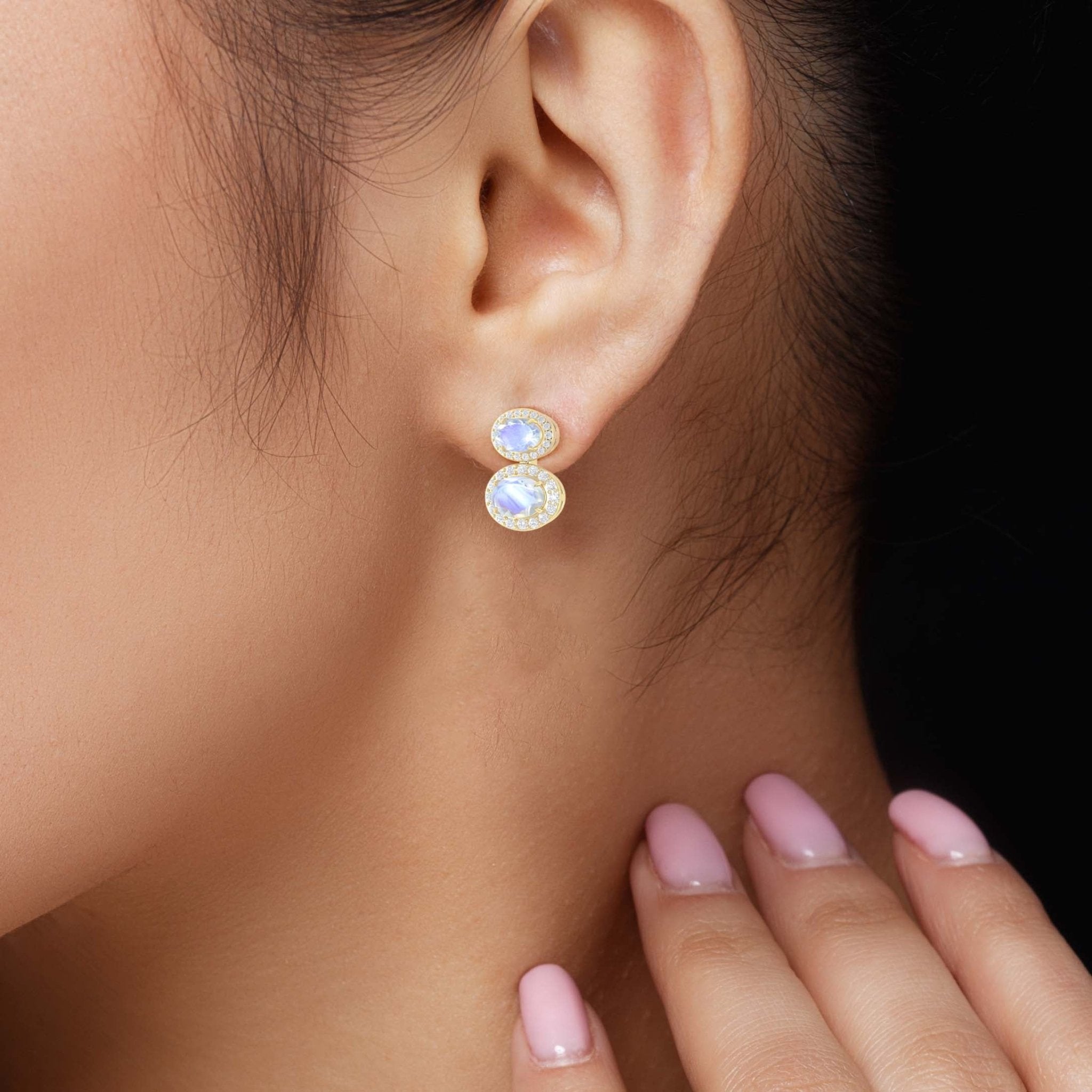 Natural Moonstone Dual Stone Halo Stud Earrings - Goodstone Jewels