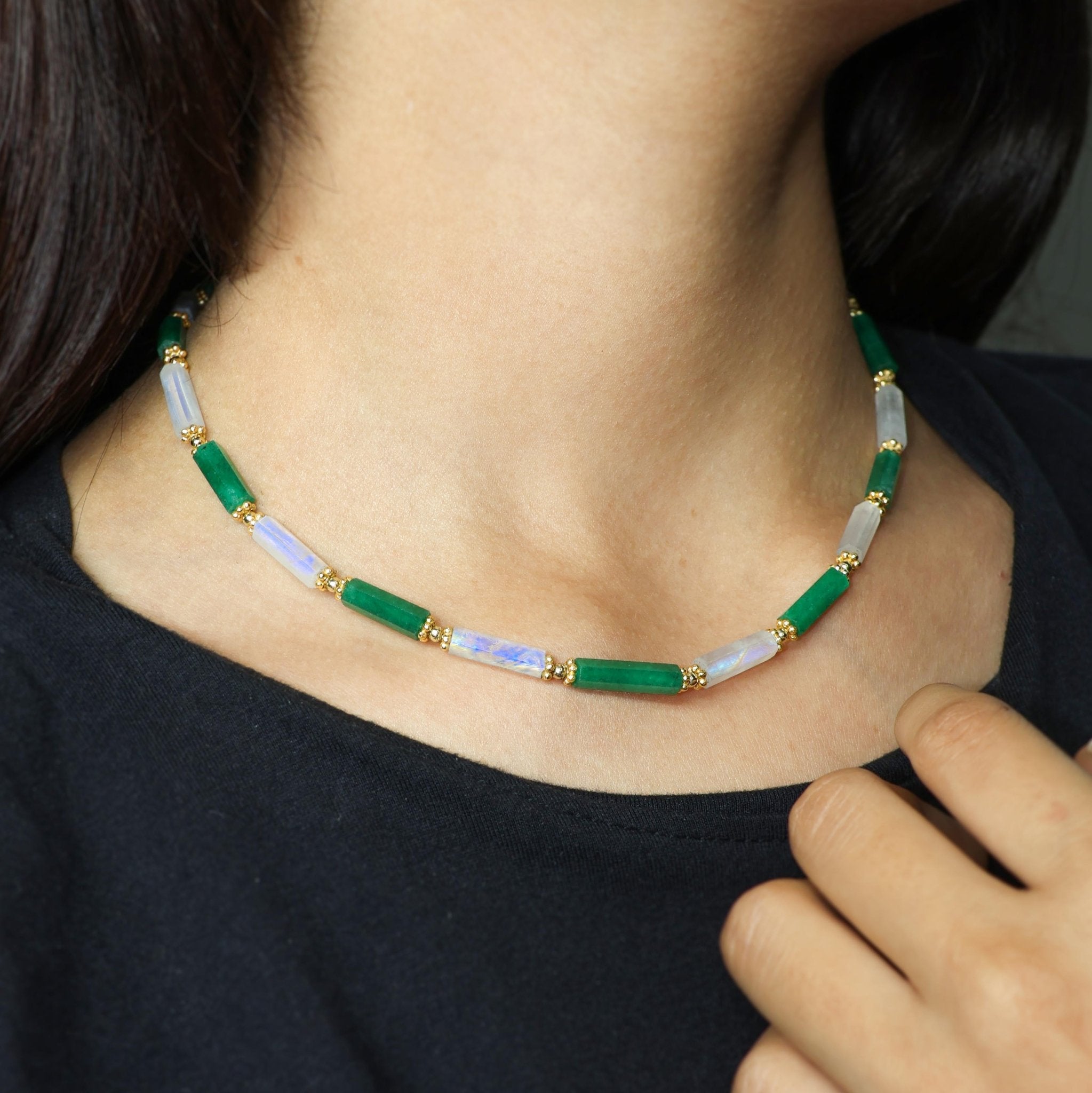 Natural Moonstone & Emerald Pencil Necklace - Goodstone Jewels