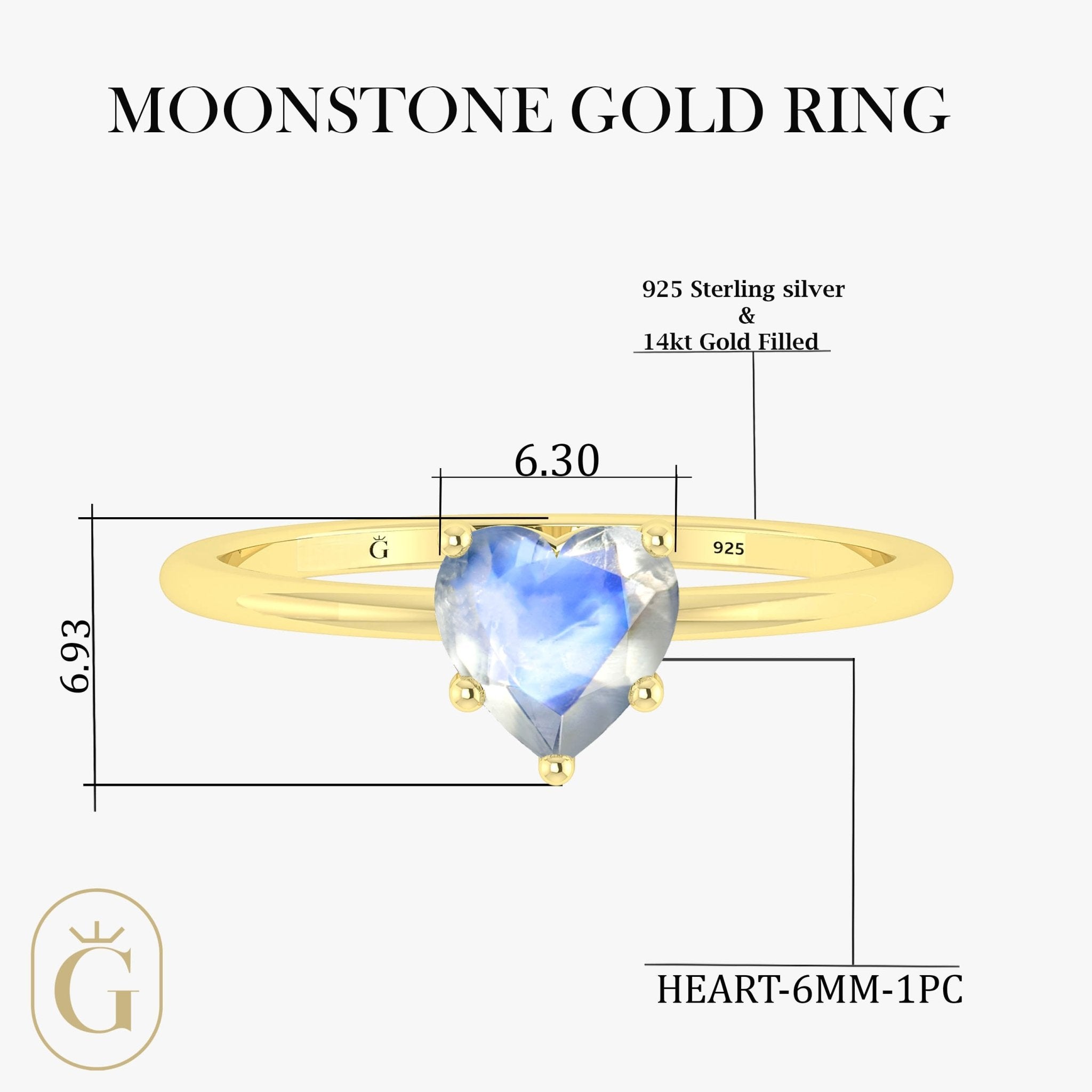Natural Moonstone Gemstone Heart Ring in Yellow Gold Filled & 925 Silver - Goodstone Jewels