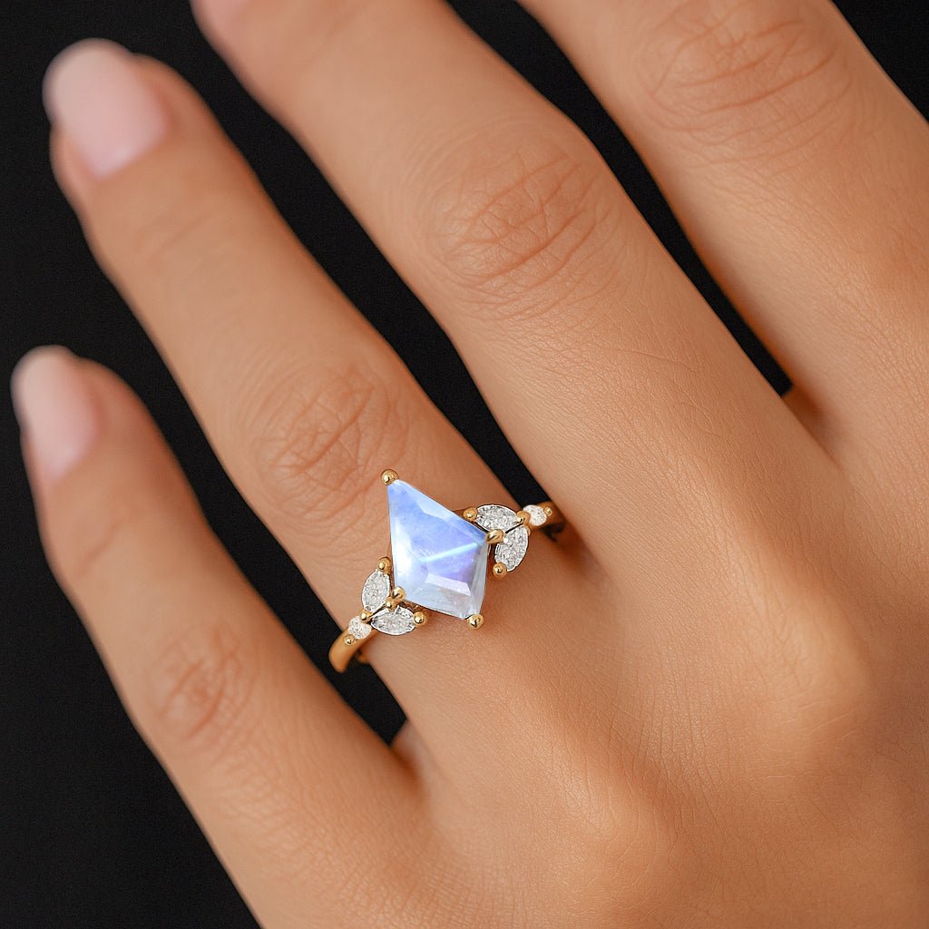 Natural Moonstone Kite Shape Faceted Cut Designer Ring with Cubic Zircon - Goodstone Jewels