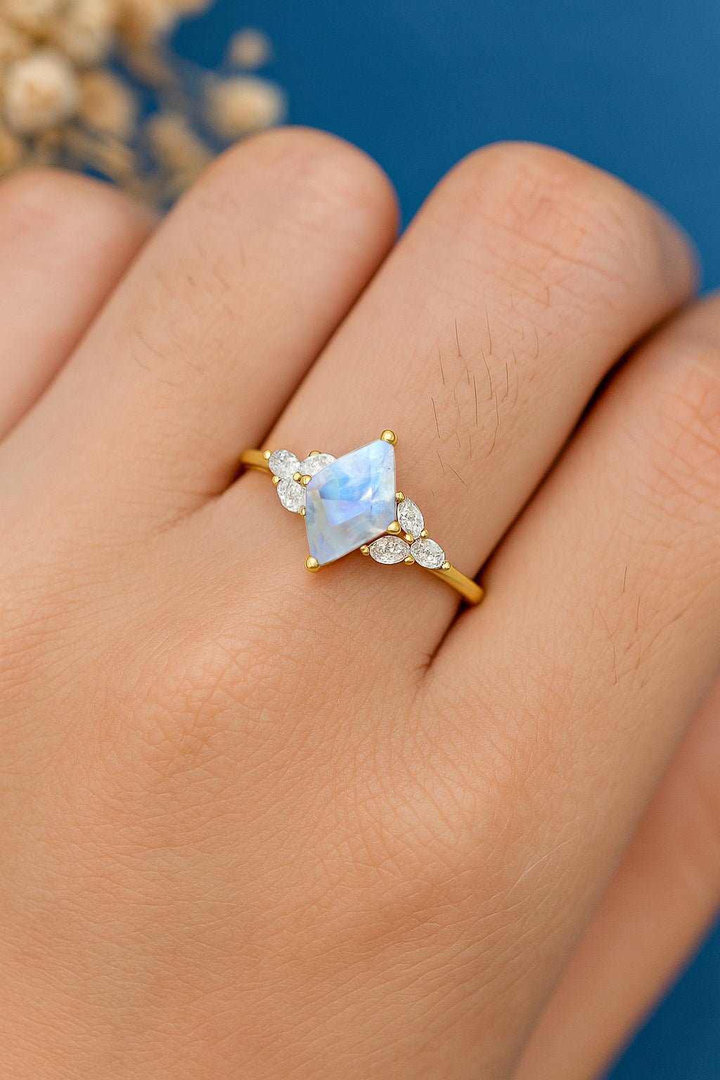 Natural Moonstone Kite Shape Solitaire Ring 8X6MM Faceted Cut - Goodstone Jewels