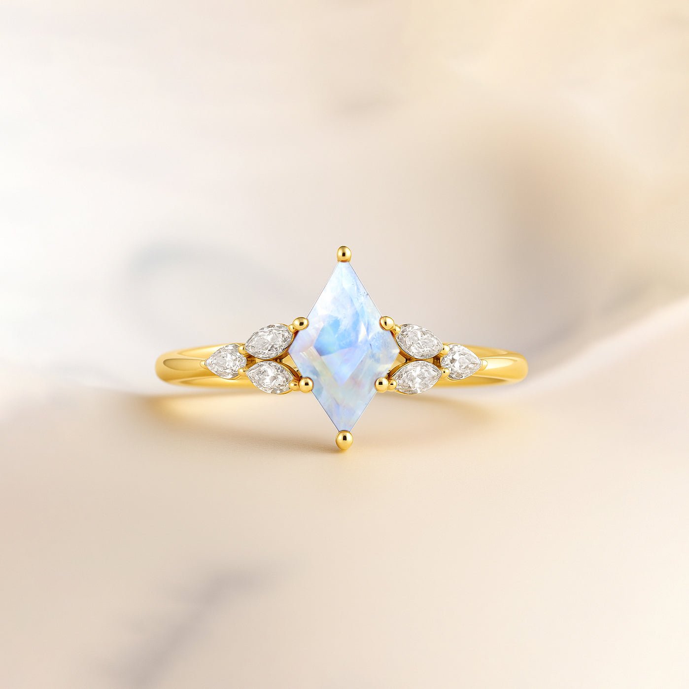 Natural Moonstone Kite Shape Solitaire Ring 8X6MM Faceted Cut - Goodstone Jewels