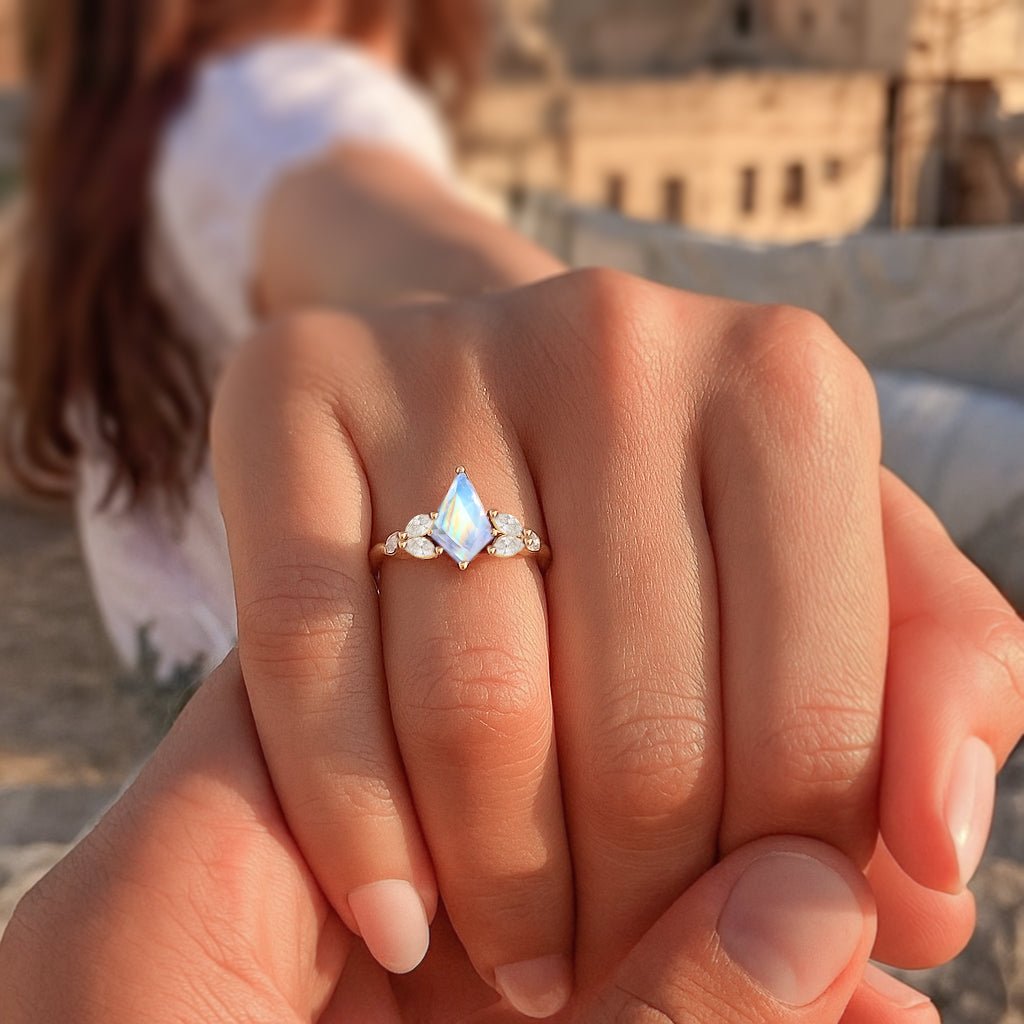 Natural Moonstone Kite Shape Solitaire Ring 8X6MM Faceted Cut - Goodstone Jewels