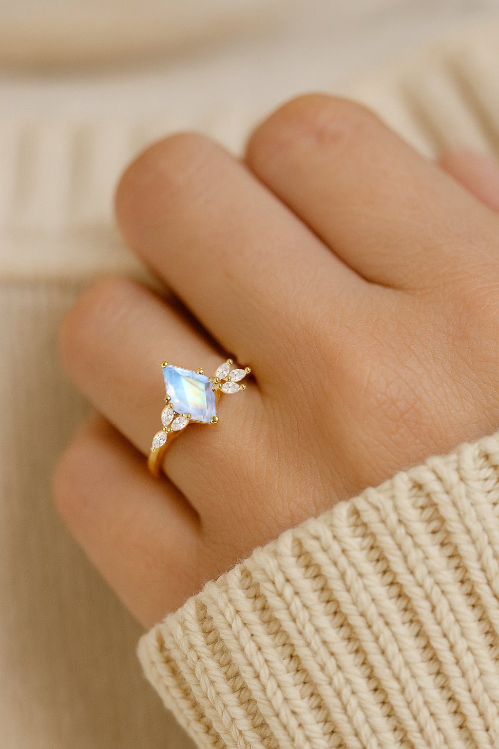 Natural Moonstone Kite Shape Solitaire Ring 8X6MM Faceted Cut - Goodstone Jewels