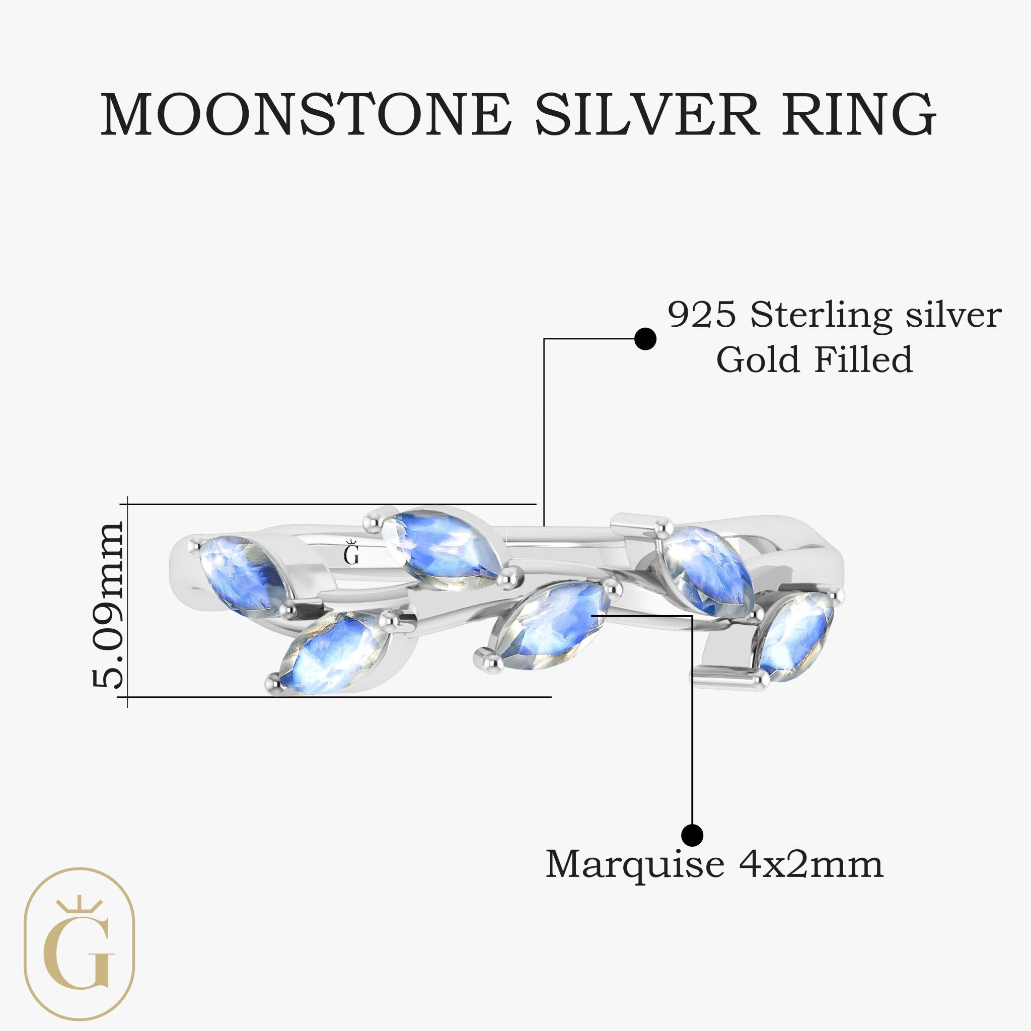 Natural Moonstone Leaf Style Six Stone Gold Filled & 925 Silver Ring - Goodstone Jewels