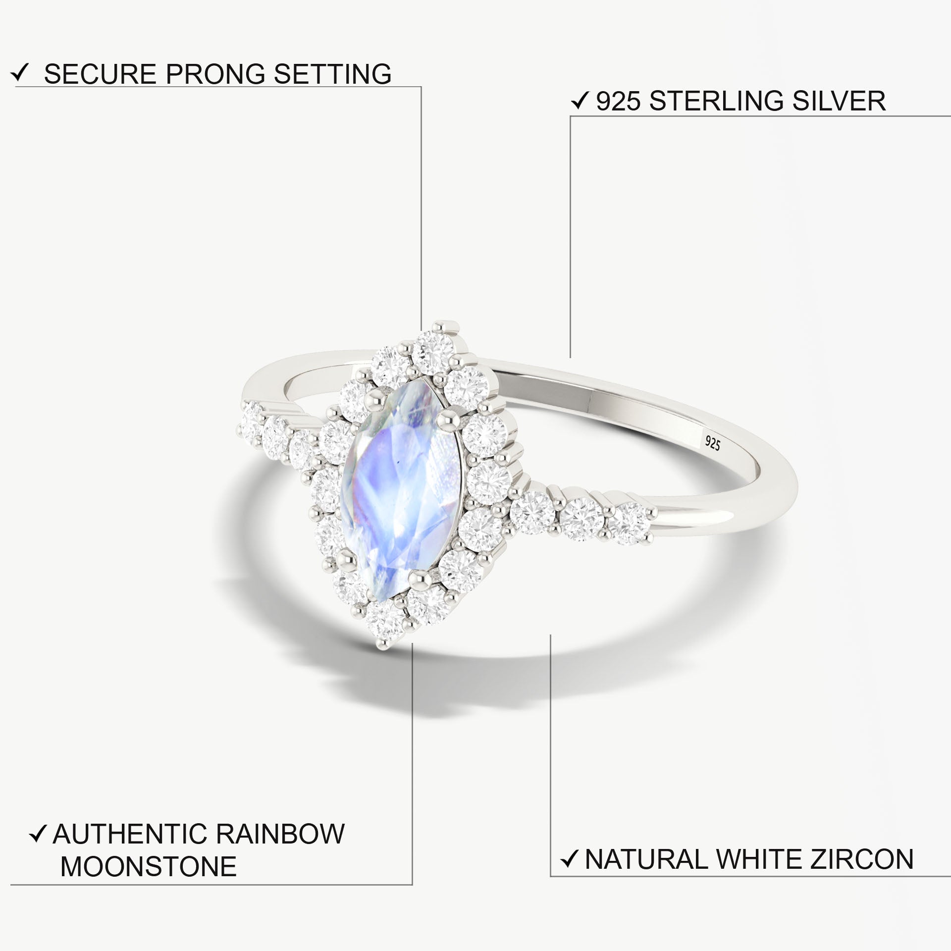 Natural Moonstone Marquise Shape Halo Wedding Ring - Goodstone Jewels