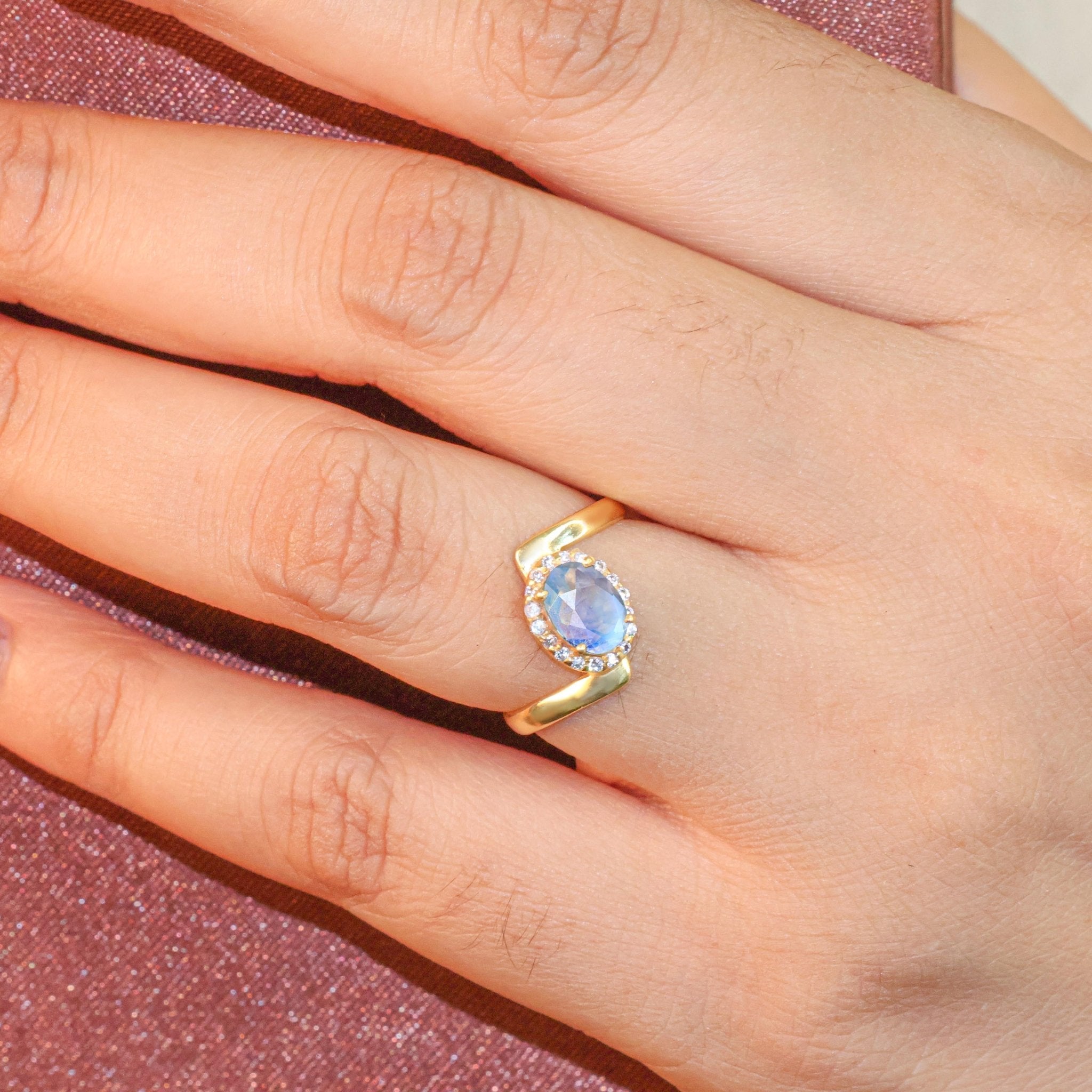 Natural Moonstone Oval Shape Bypass Halo Ring - Goodstone Jewels