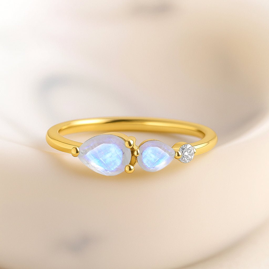 Natural Moonstone Pear Shape Two Stone Ring in Yellow Gold Filled & Silver - Goodstone Jewels