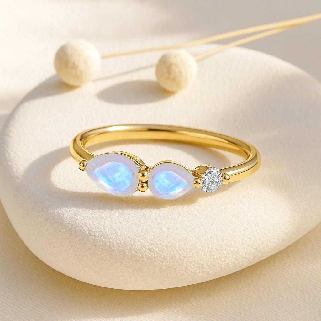 Natural Moonstone Pear Shape Two Stone Ring in Yellow Gold Filled & Silver - Goodstone Jewels