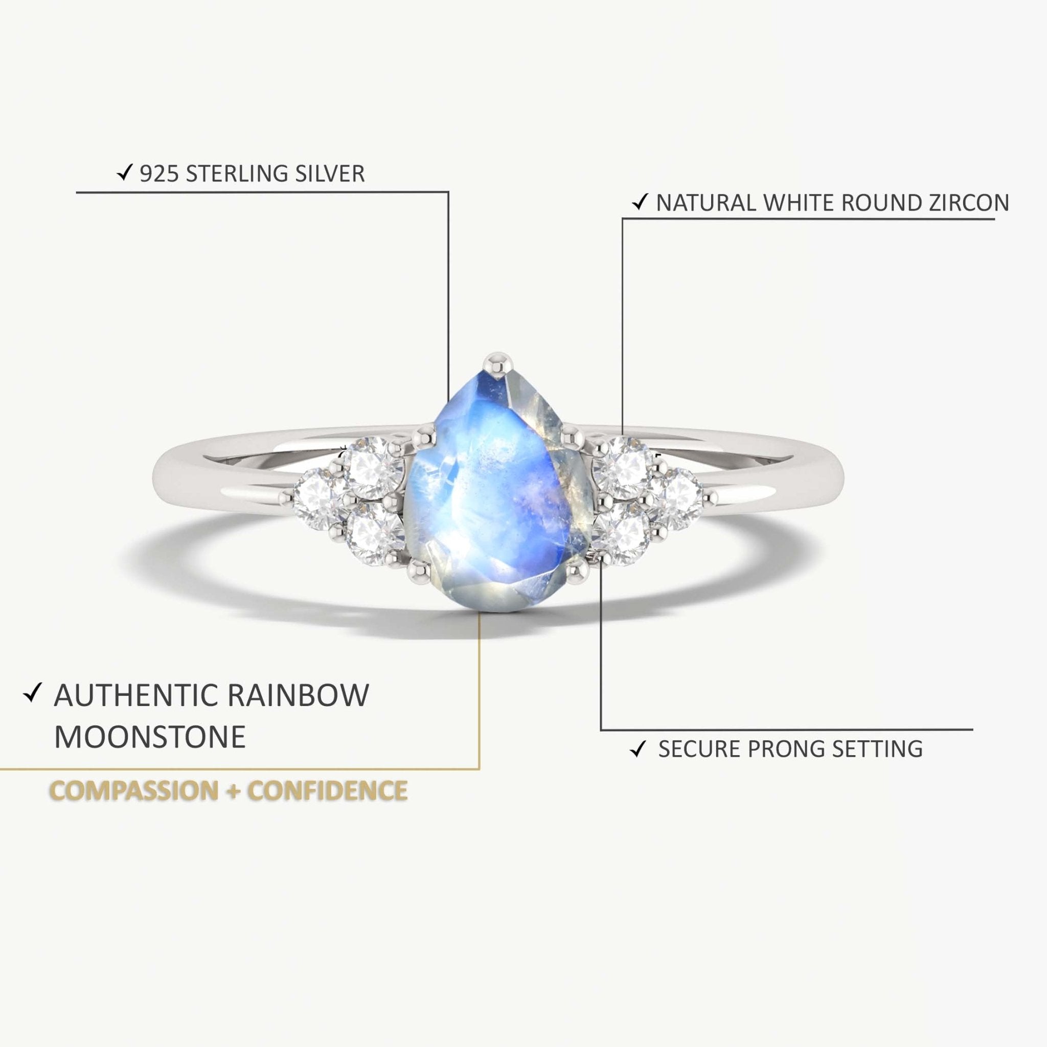 Natural Moonstone Pear Shape & White Zircon Solitaire with Accents Ring - Goodstone Jewels