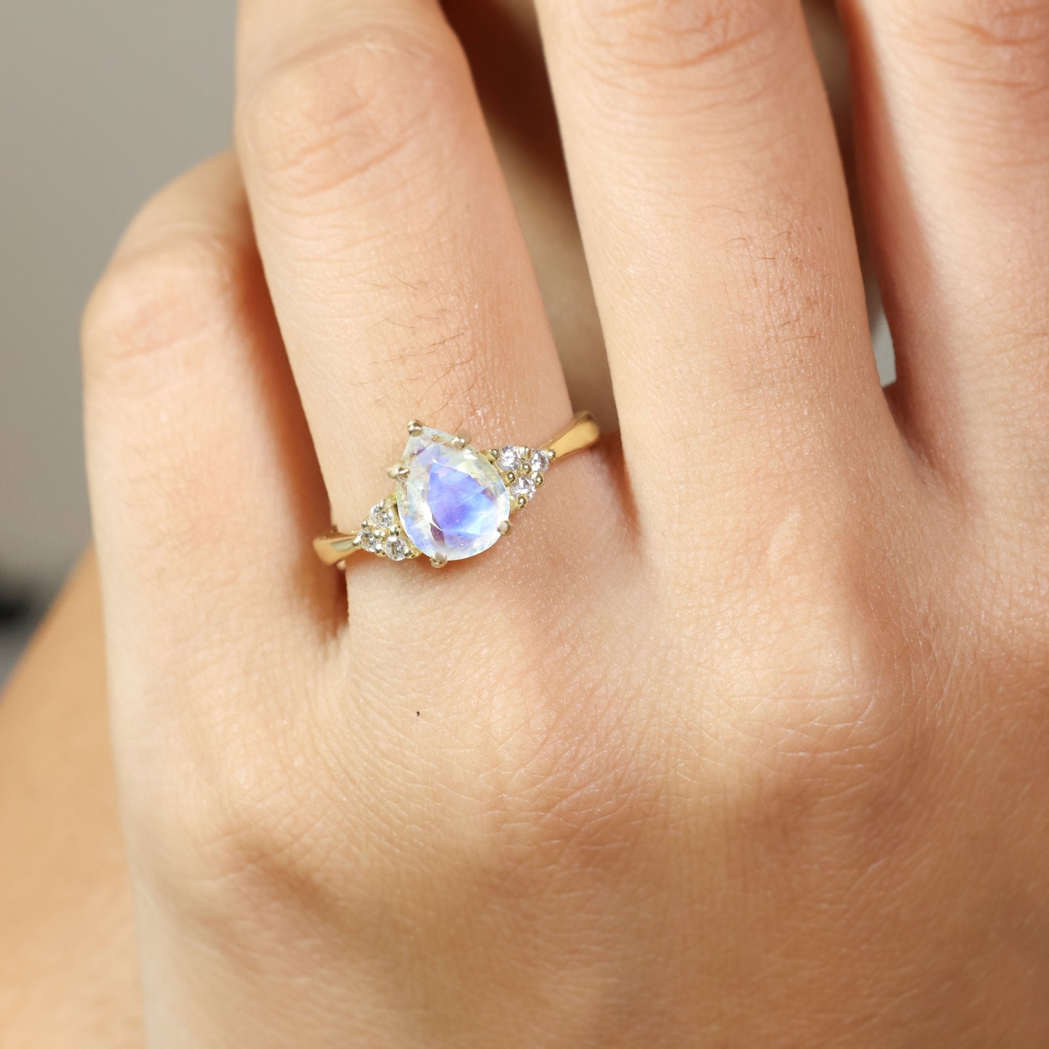 Natural Moonstone Pear Shape & White Zircon Solitaire with Accents Ring - Goodstone Jewels