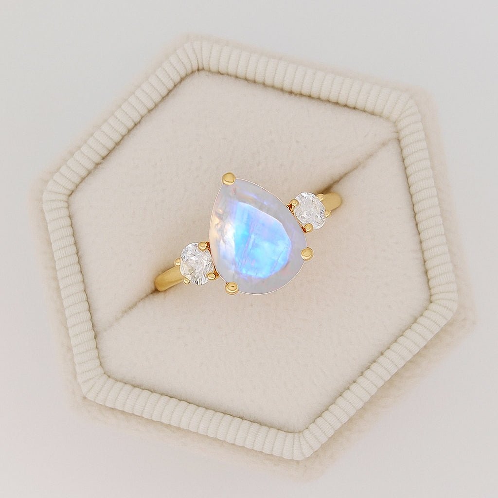 Natural Moonstone Pear Shape with Zircon Three Stone Statement Ring - Goodstone Jewels