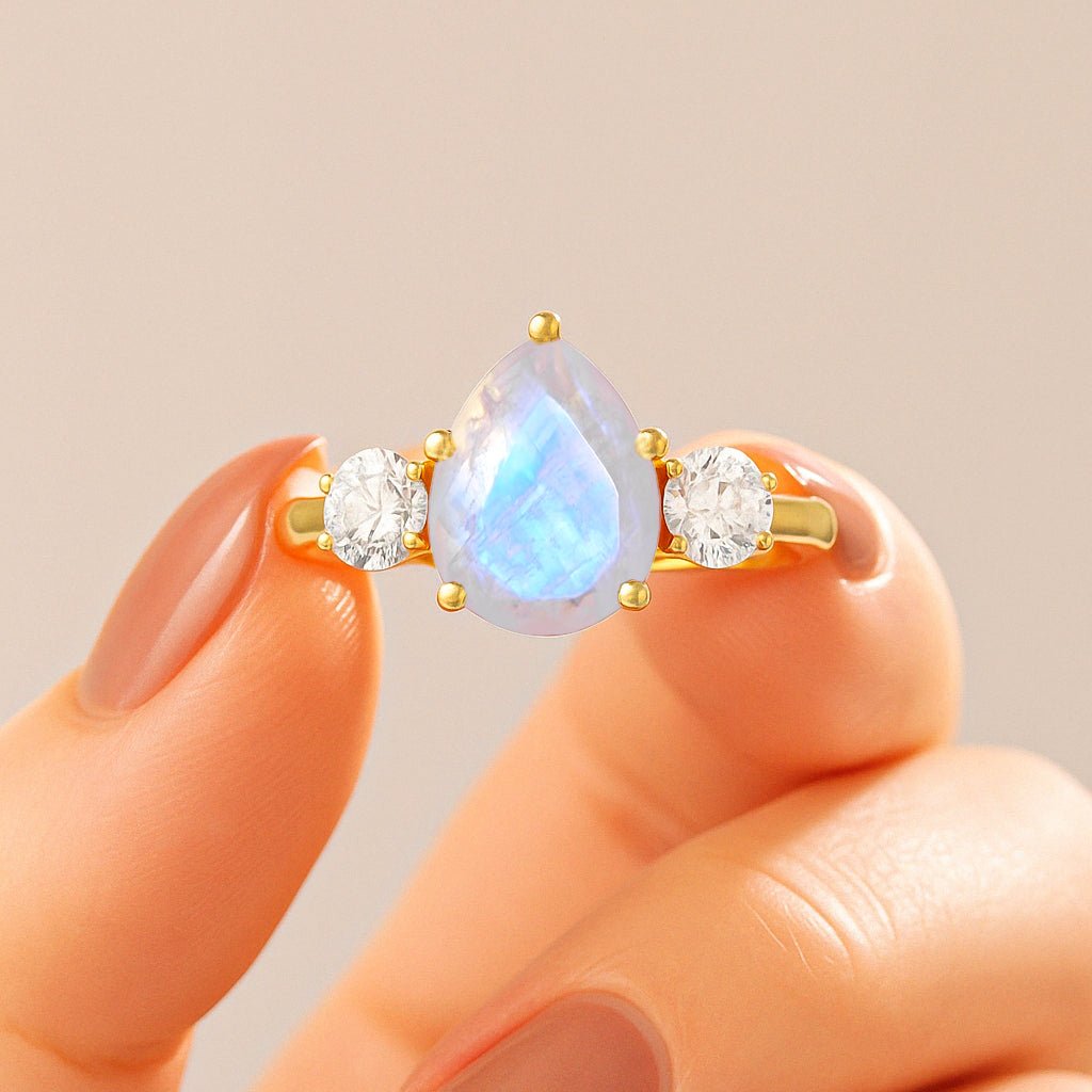 Natural Moonstone Pear Shape with Zircon Three Stone Statement Ring - Goodstone Jewels