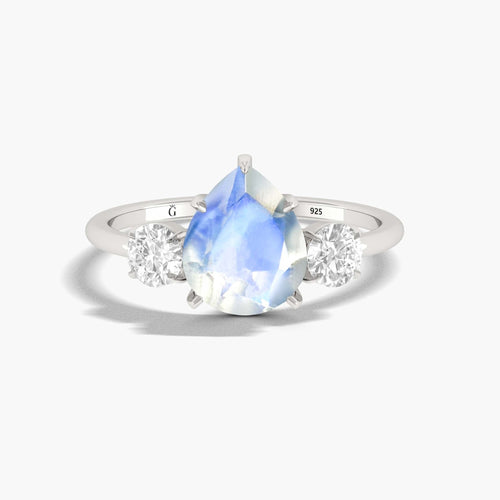 Moonstone Three Stone Zircon Ring - Pear Shape
