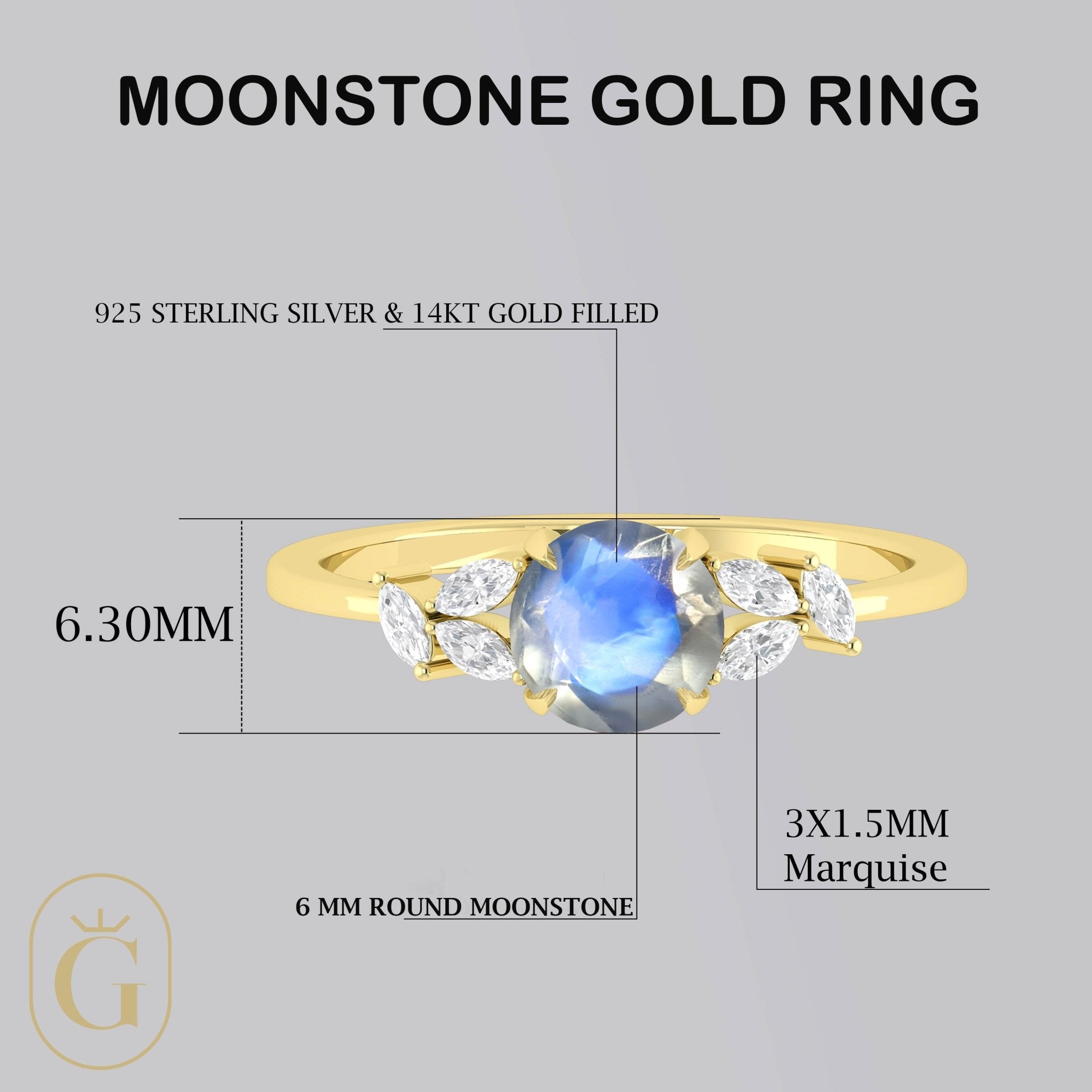 Natural Moonstone Round Stone Statement Ring in Silver & Gold Filled - Goodstone Jewels